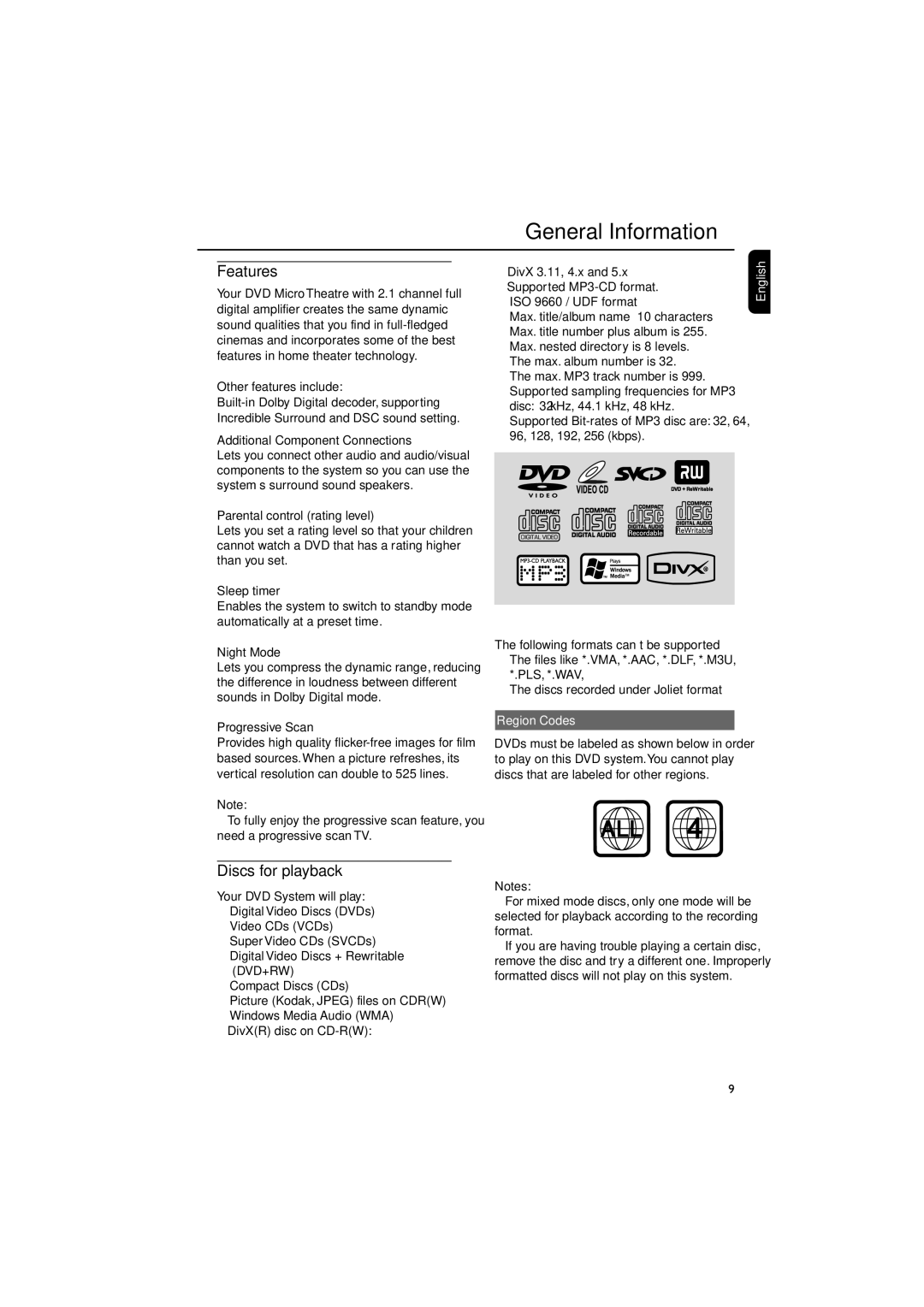 Philips MCD288/05 manual General Information, Features, Discs for playback, Region Codes 