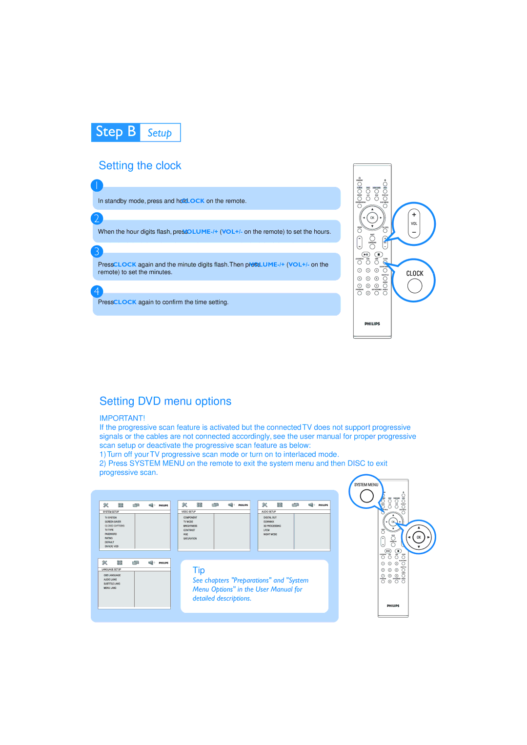 Philips MCD288/55 quick start Setting the clock, Setting DVD menu options 