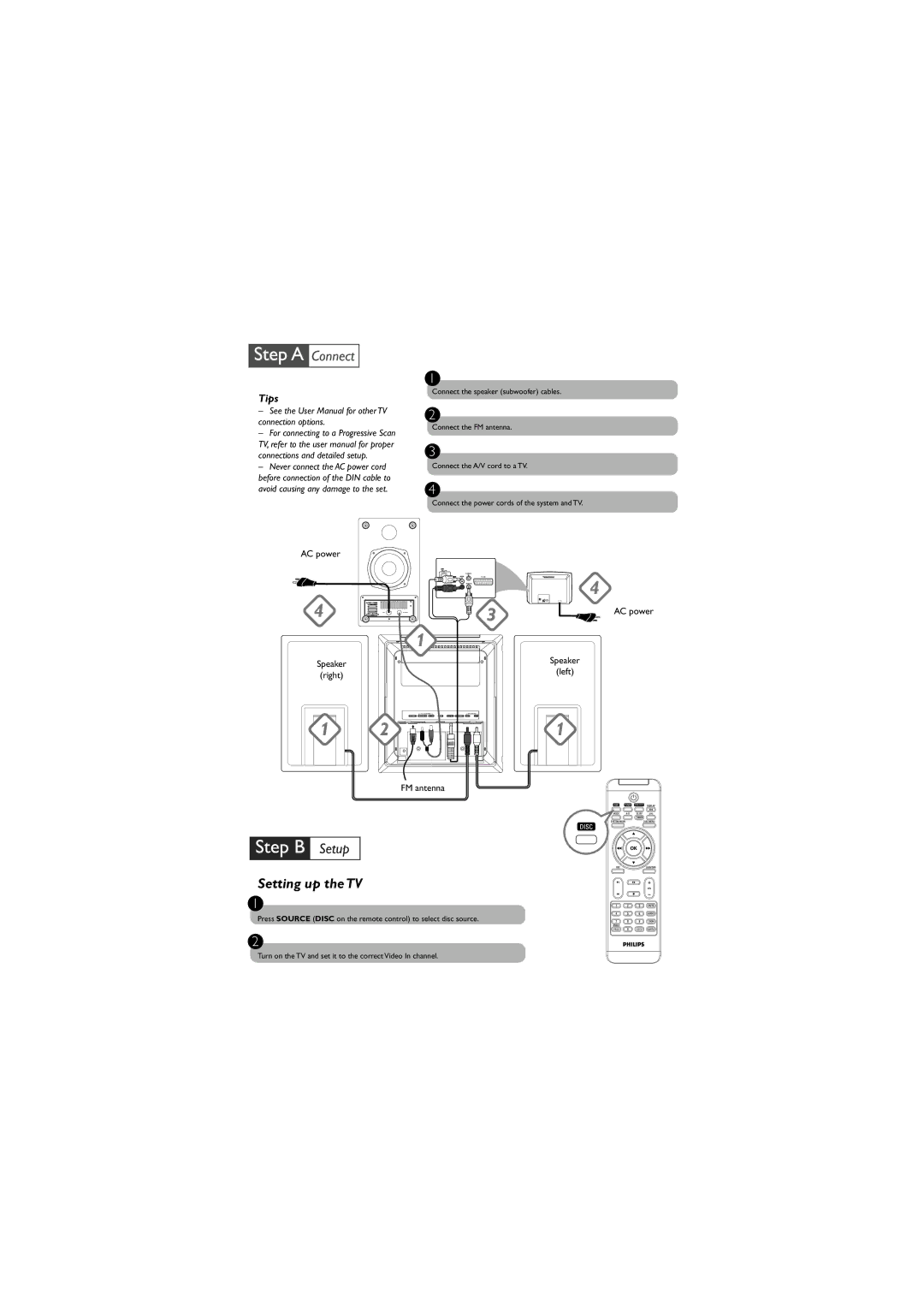 Philips MCD288E user manual Setting up the TV, Tips, AC power Speaker right, Speaker Left FM antenna 