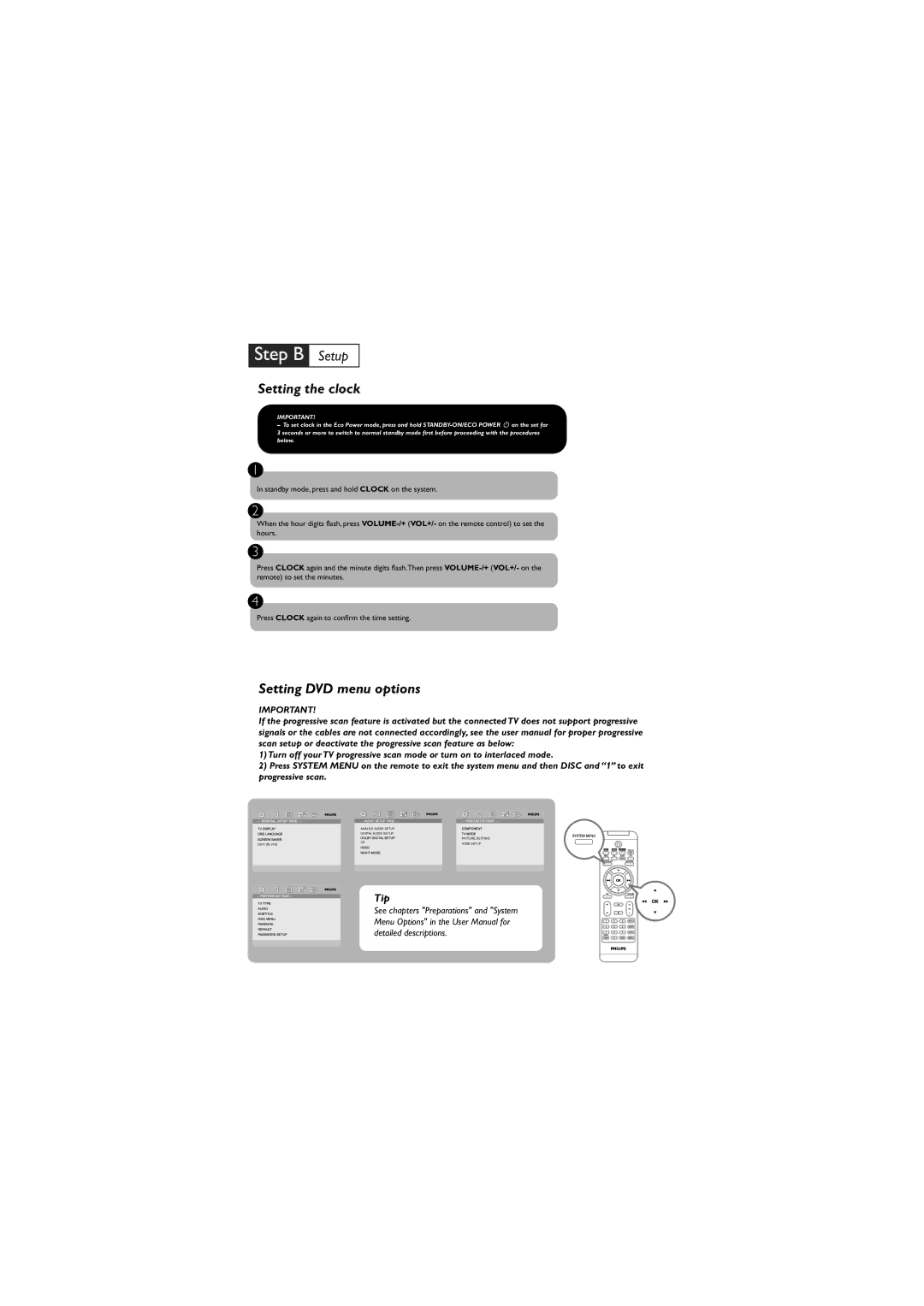 Philips MCD288E user manual Setting the clock, Setting DVD menu options, Tip 