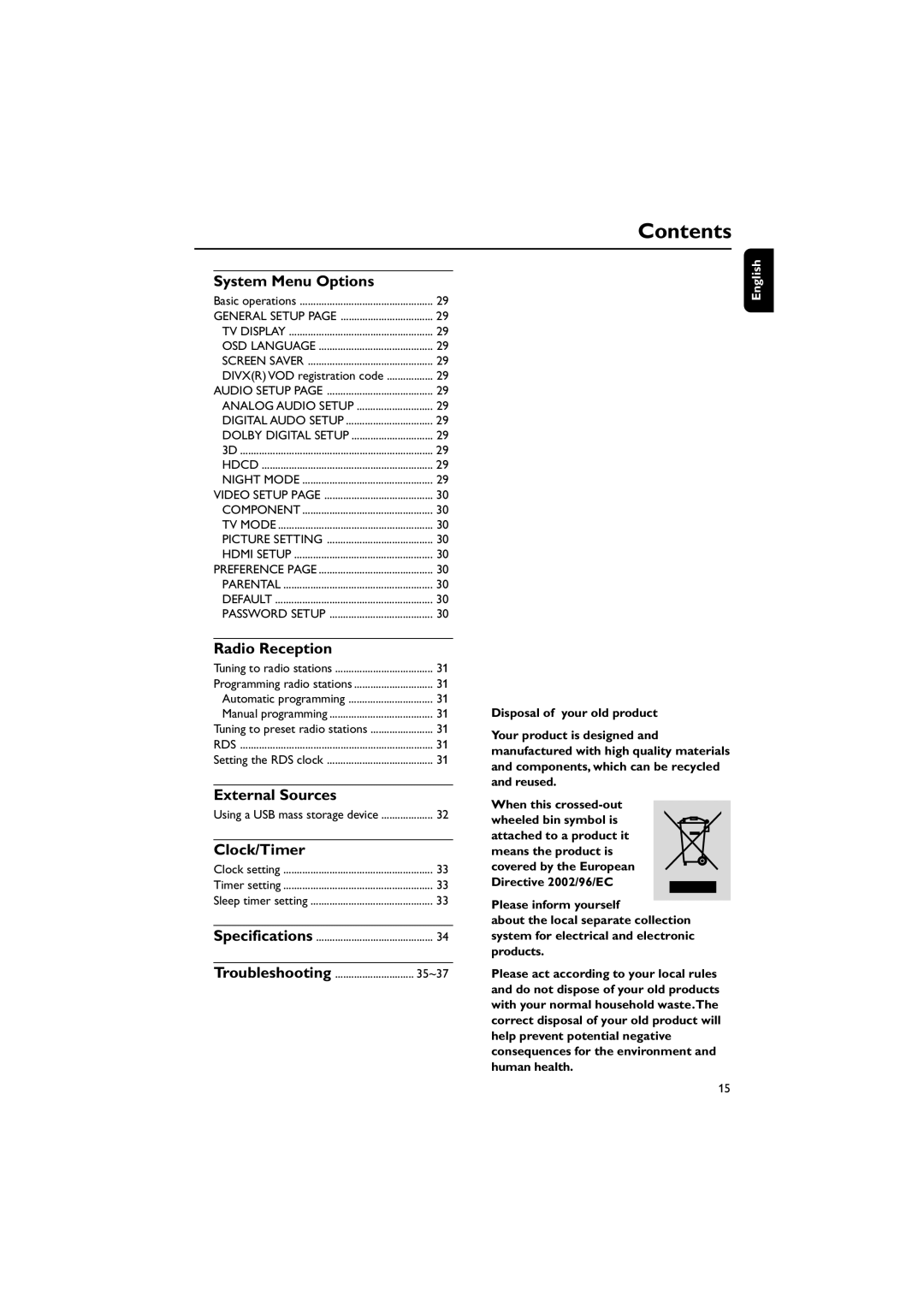 Philips MCD288E/12 user manual System Menu Options, Radio Reception, External Sources, Clock/Timer, 35~37 