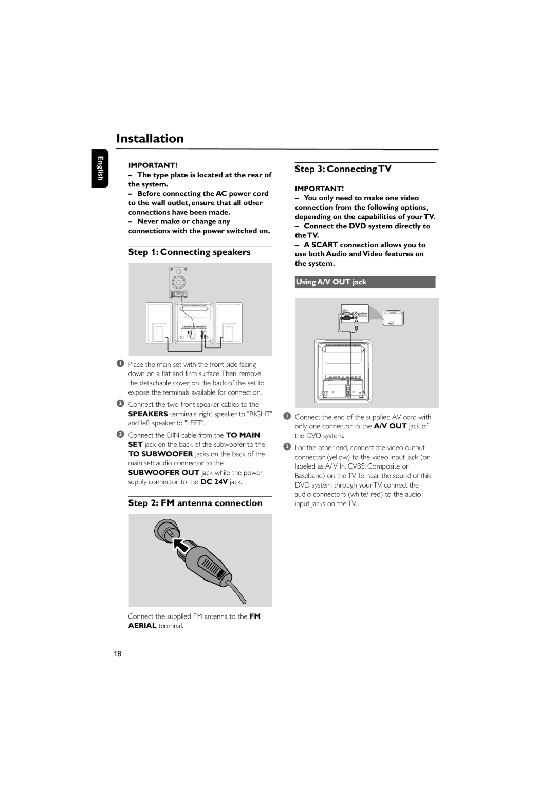 Philips MCD288E/12 user manual Installation, Connecting speakers, FM antenna connection, Connecting TV, Using A/V OUT jack 