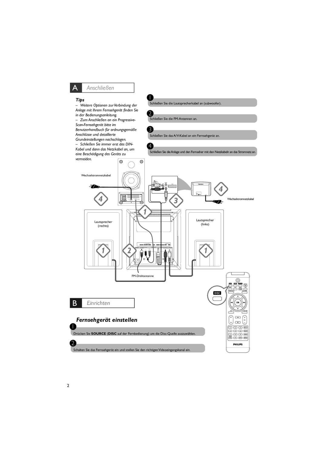 Philips MCD288E/12 user manual Anschließen, Fernsehgerät einstellen 