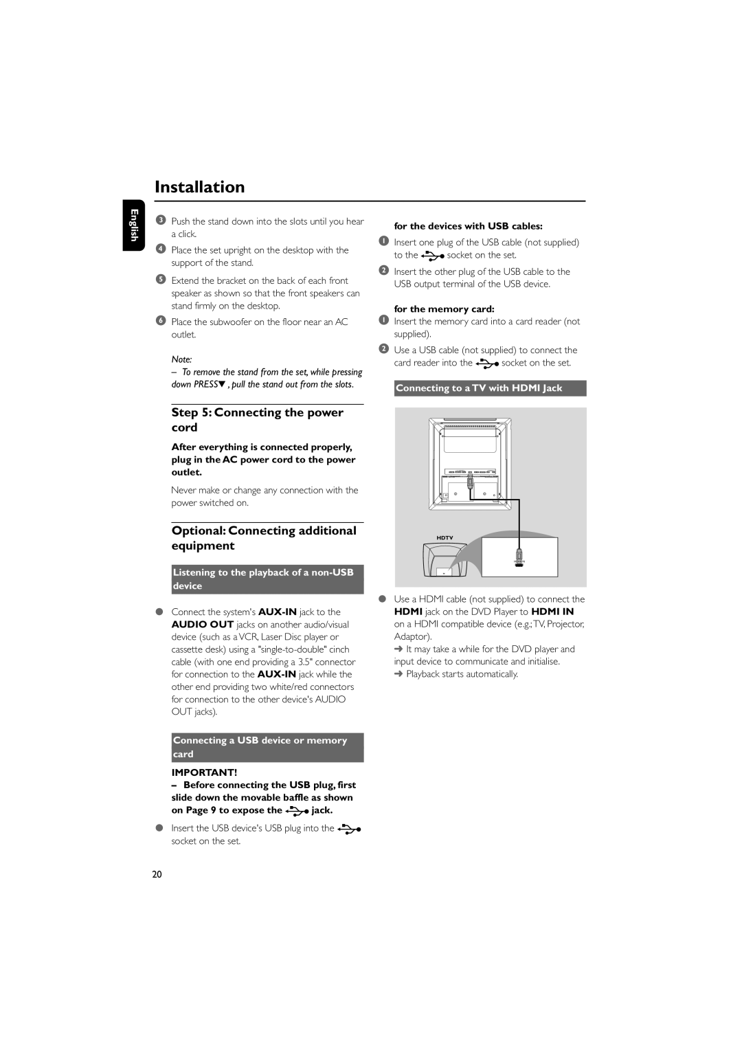 Philips MCD288E/12 Connecting the power cord, Optional Connecting additional equipment, Connecting to a TV with Hdmi Jack 