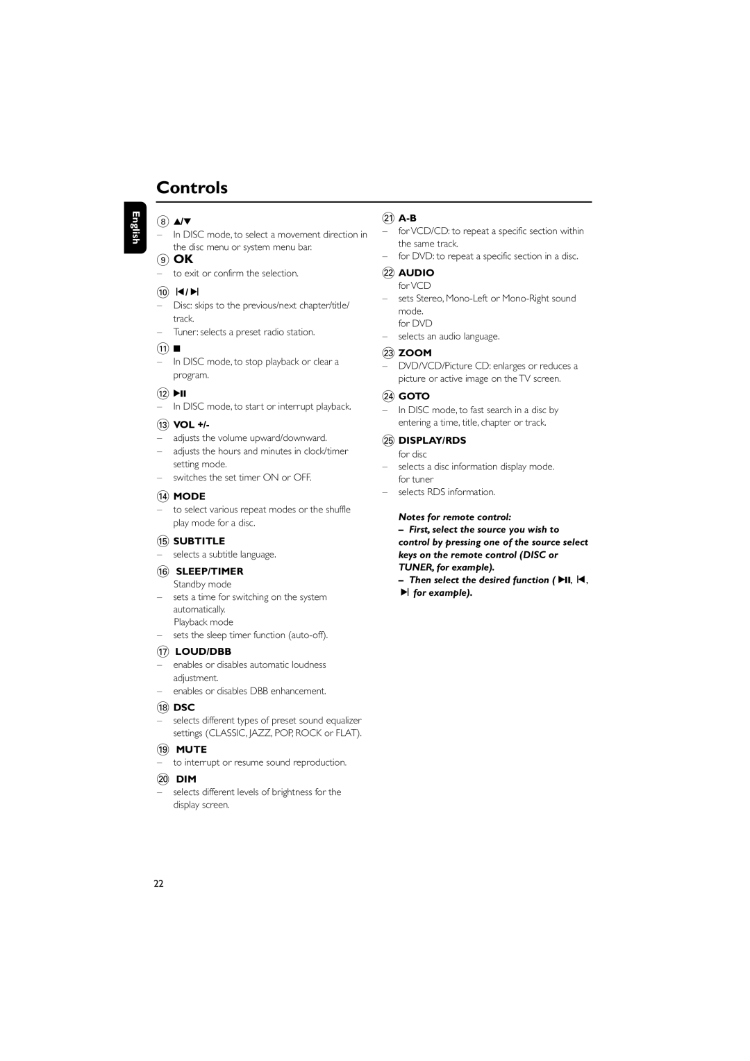 Philips MCD288E/12 user manual # Vol +, Selects a subtitle language, SLEEP/TIMER Standby mode, ¡ A-B 