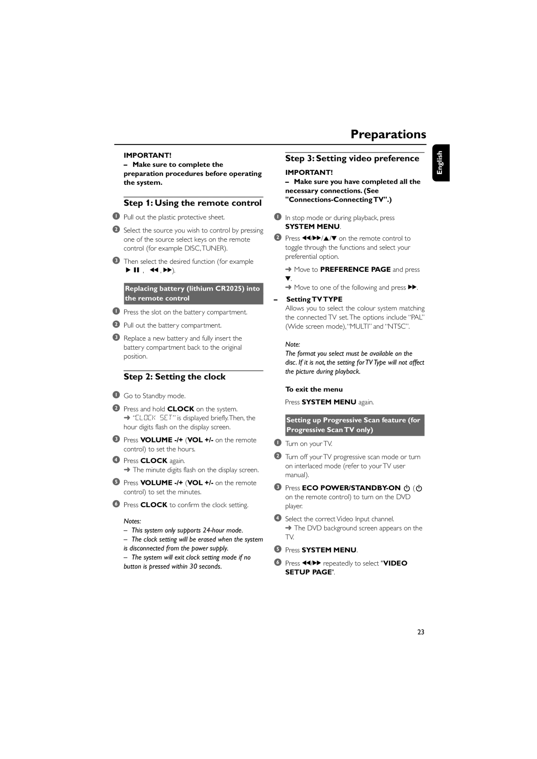 Philips MCD288E/12 user manual Preparations, Using the remote control, Setting the clock, Setting video preference 