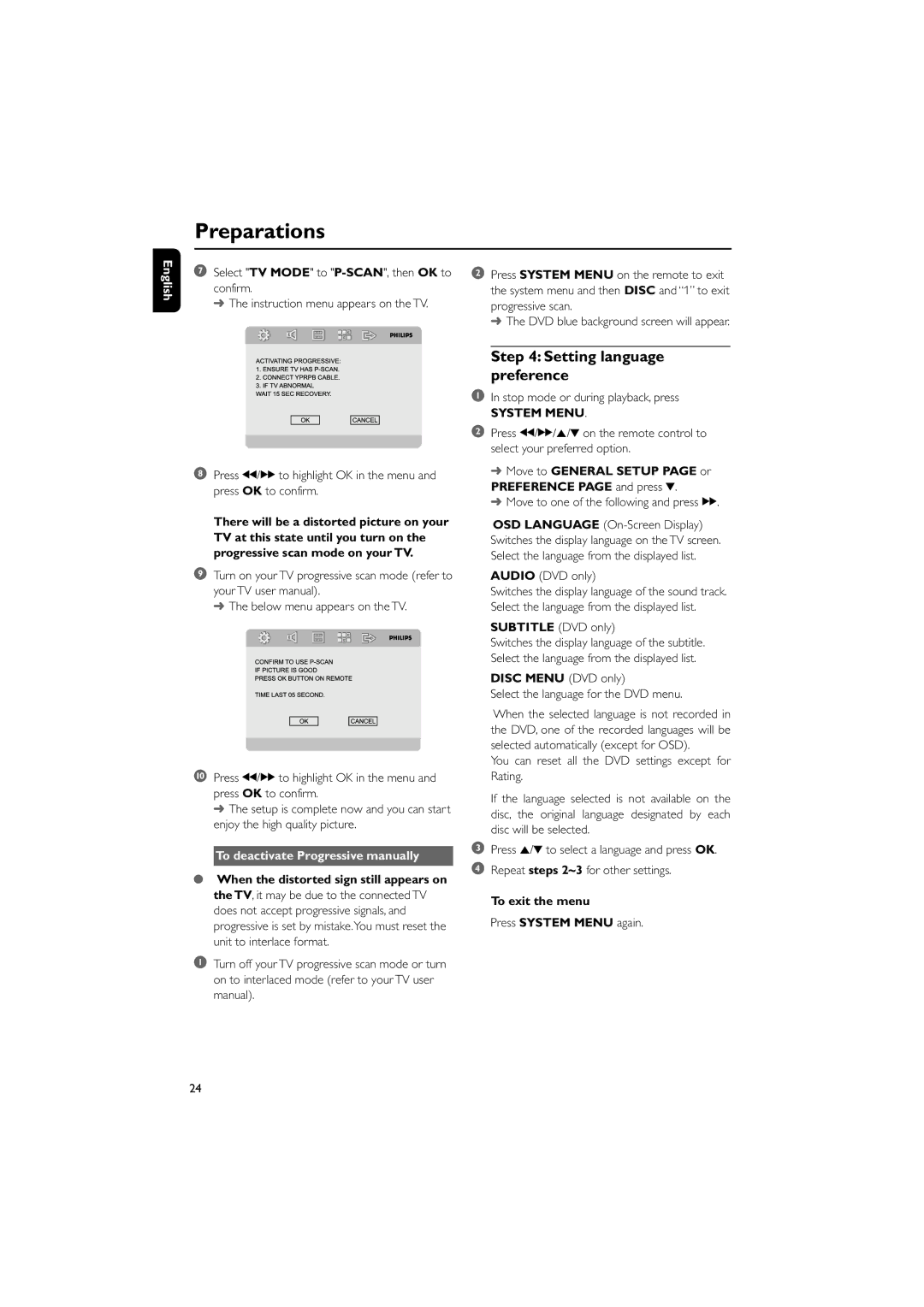 Philips MCD288E/12 user manual Setting language preference, To deactivate Progressive manually, Disc Menu DVD only 