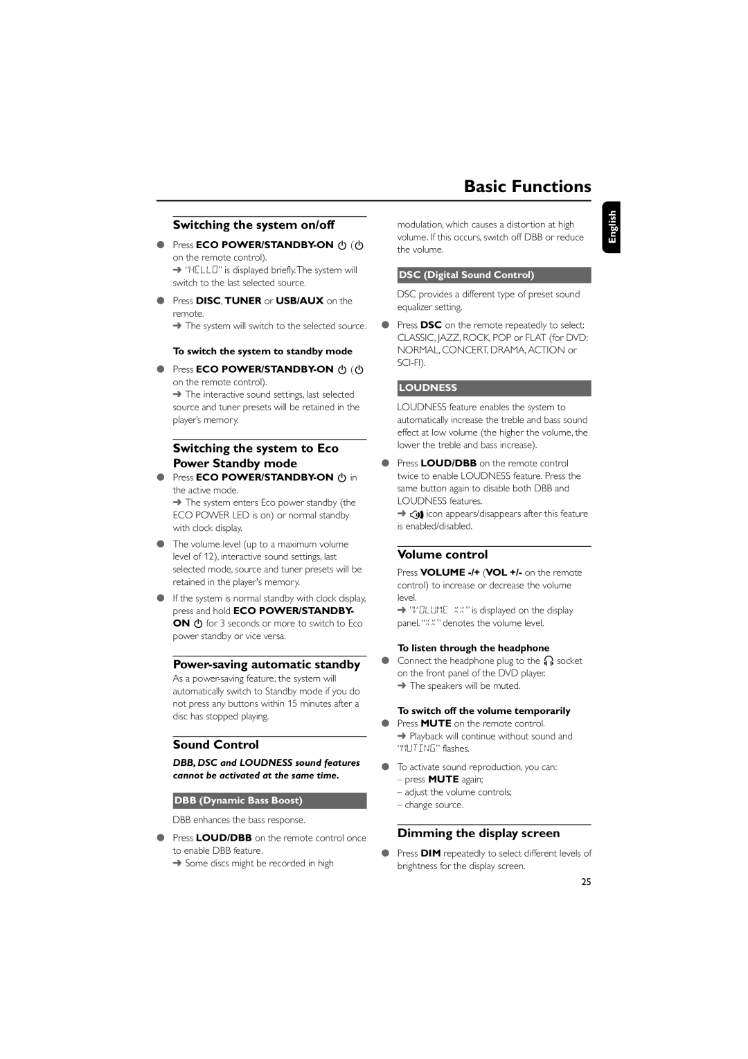 Philips MCD288E/12 user manual Basic Functions 