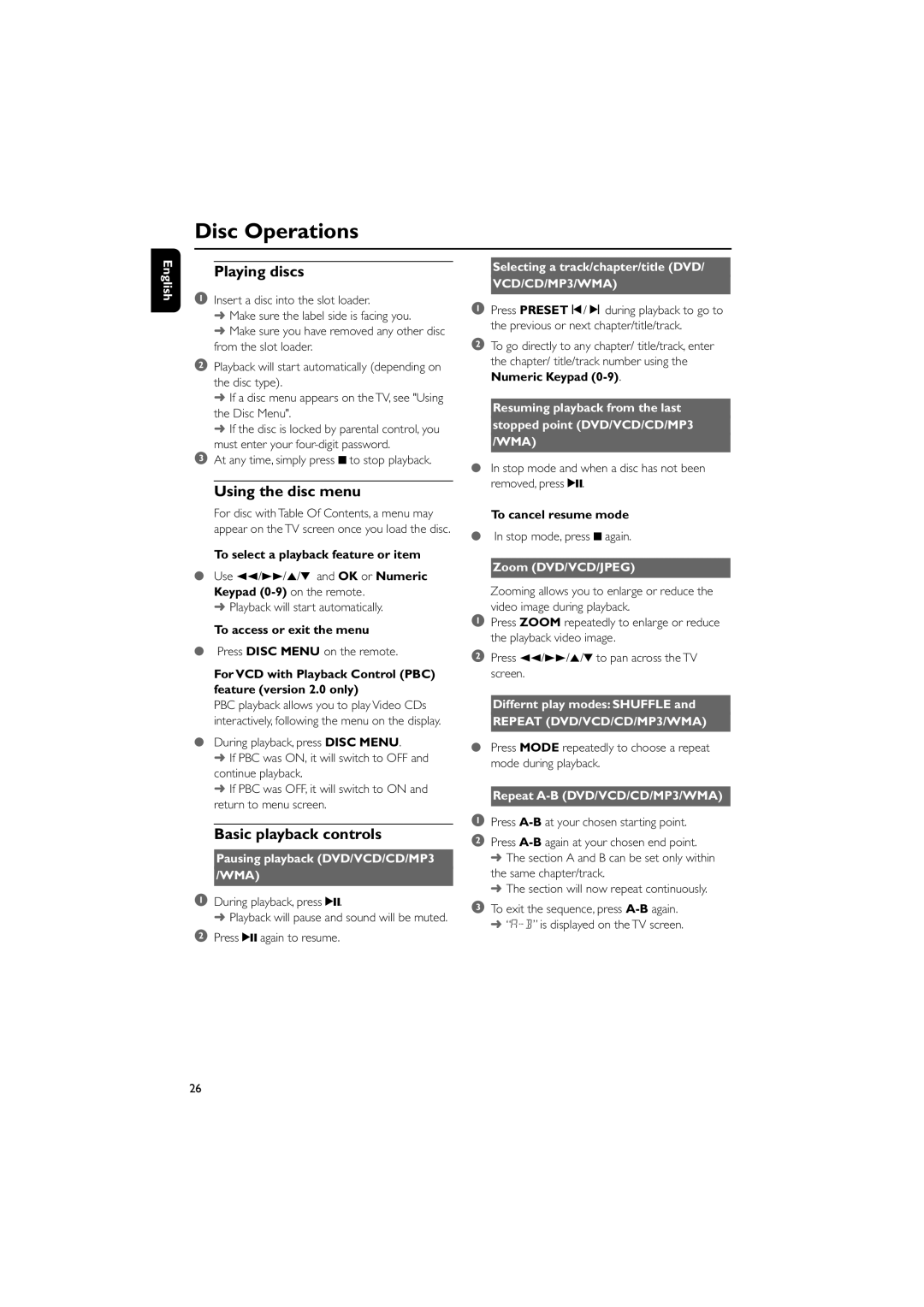 Philips MCD288E/12 user manual Disc Operations, Playing discs, Using the disc menu, Basic playback controls 