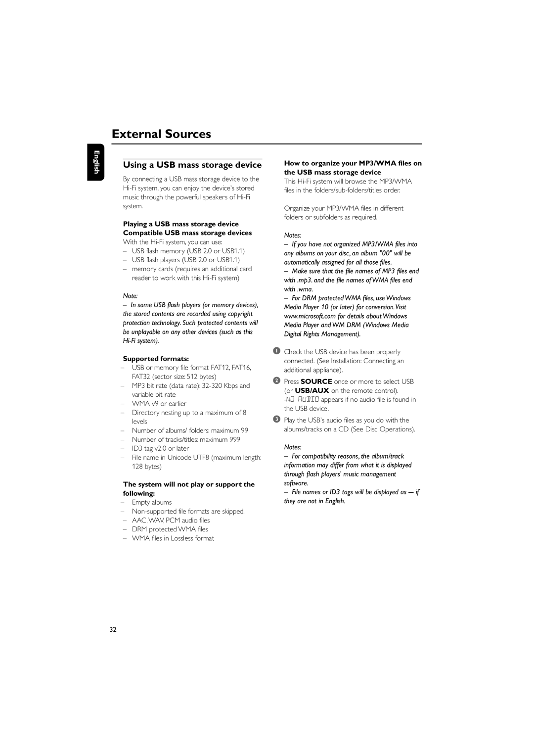 Philips MCD288E/12 user manual External Sources, Using a USB mass storage device, Supported formats 