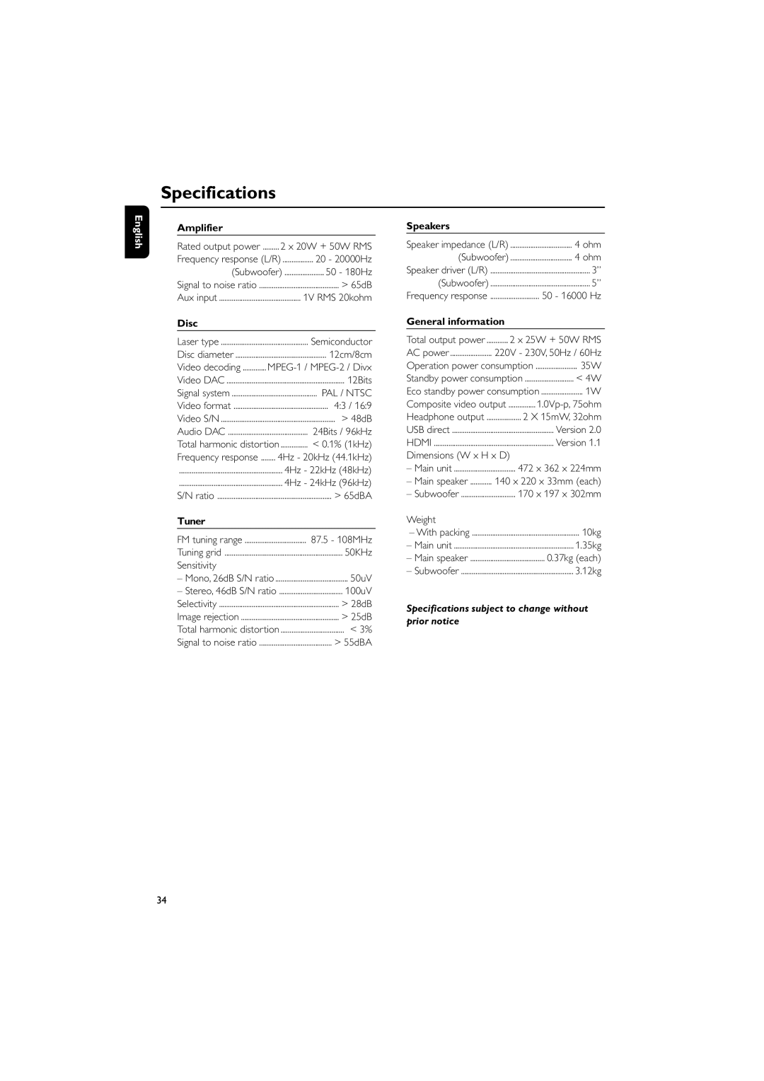 Philips MCD288E/12 user manual Specifications, Amplifier, Disc, Tuner, Speakers 