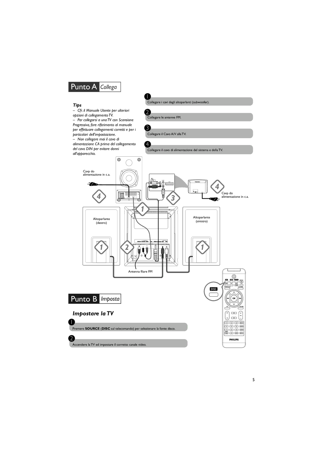 Philips MCD288E/12 user manual Punto a Collega, Impostare la TV 