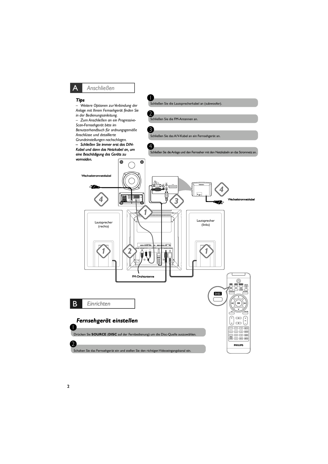 Philips MCD288E/12 user manual B Einrichten, Fernsehgerät einstellen, A Anschließen, Tips 