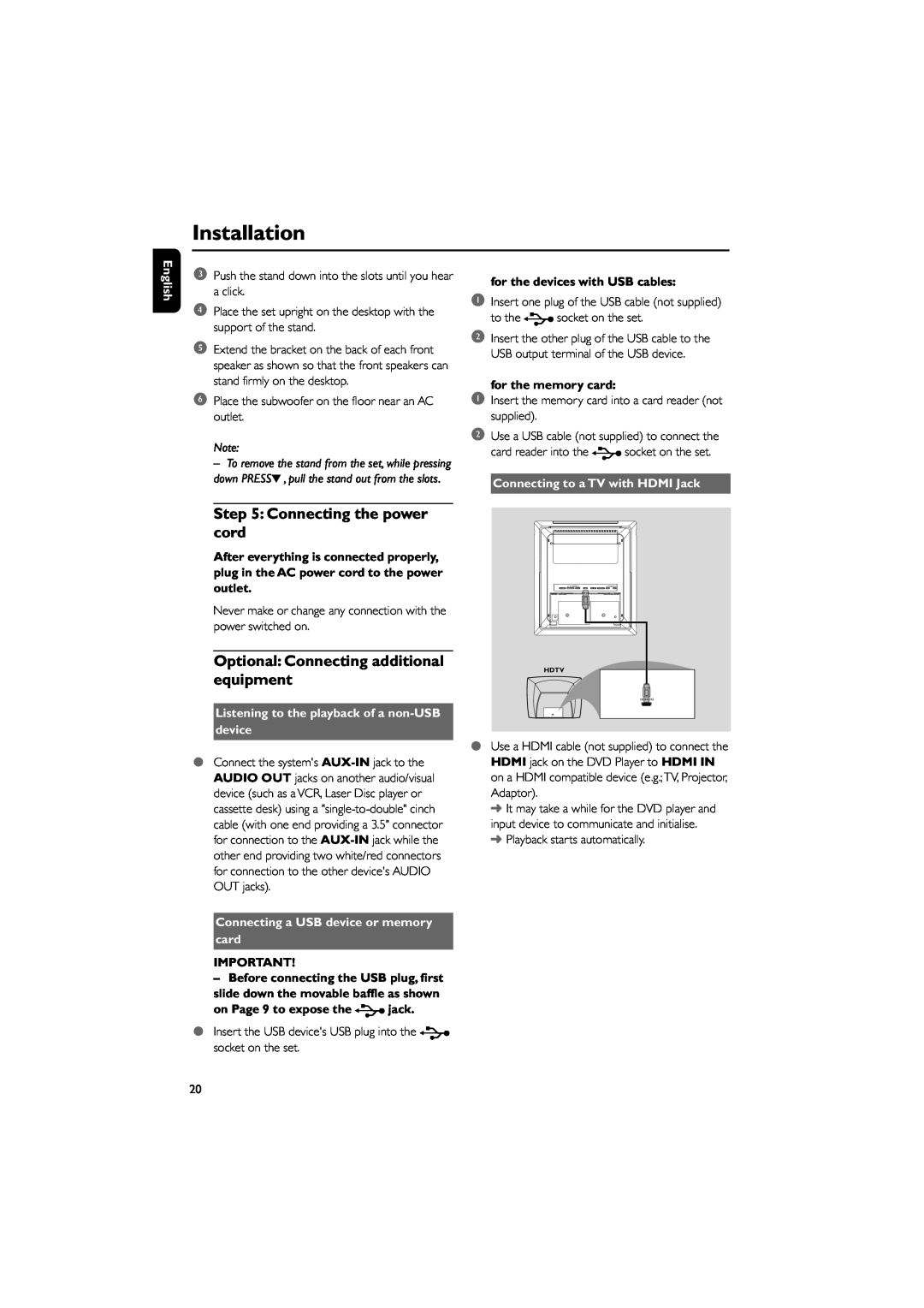 Philips MCD288E/12 user manual Connecting the power cord, Optional Connecting additional equipment, Installation, English 