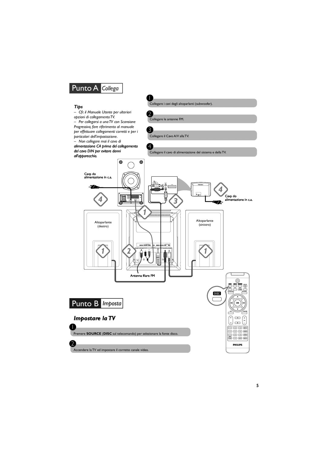 Philips MCD288E/12 user manual Punto B Imposta, Impostare la TV, Punto A Collega, Tips, Cavp do, Altoparlante 