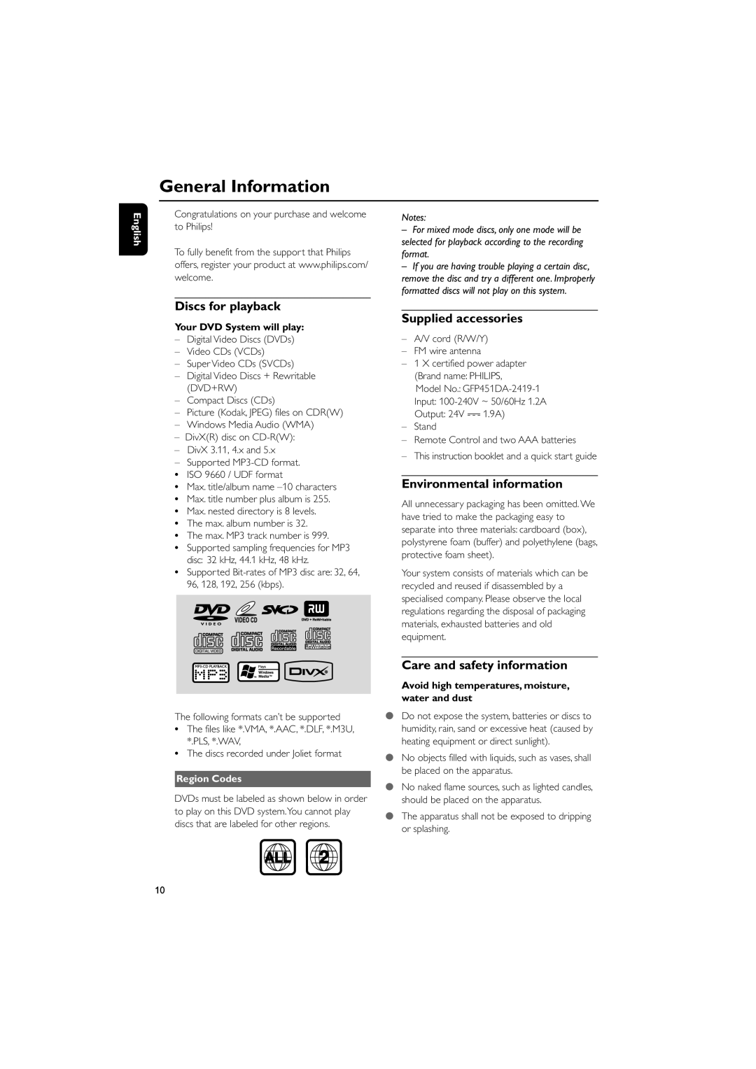 Philips MCD289 user manual General Information, Discs for playback, Supplied accessories, Environmental information 