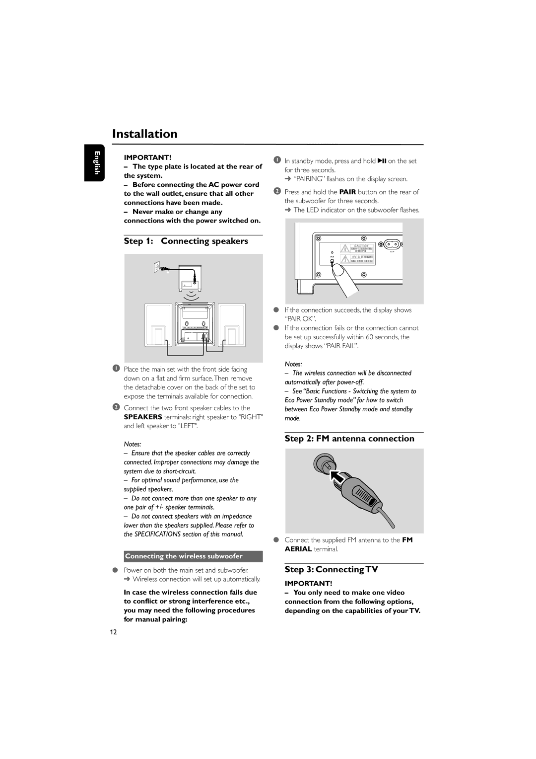 Philips MCD289 Installation, Connecting speakers, FM antenna connection, Connecting TV, Connecting the wireless subwoofer 