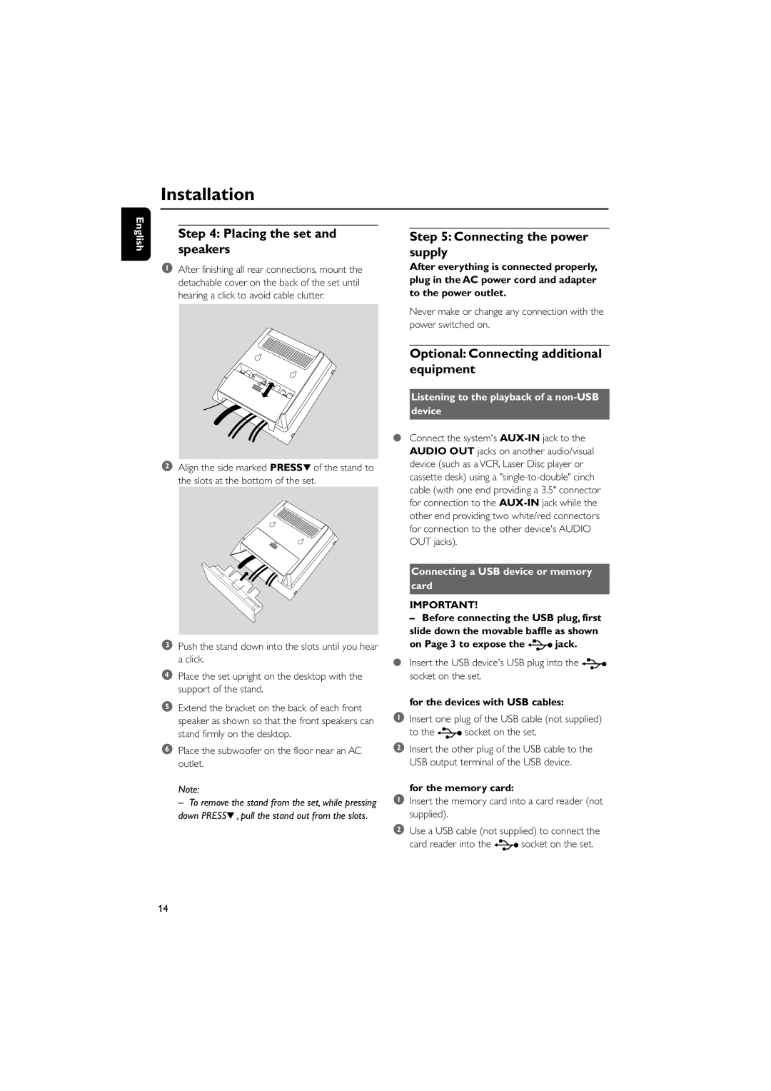 Philips MCD289 Placing the set and speakers, Connecting the power supply, Optional Connecting additional equipment 