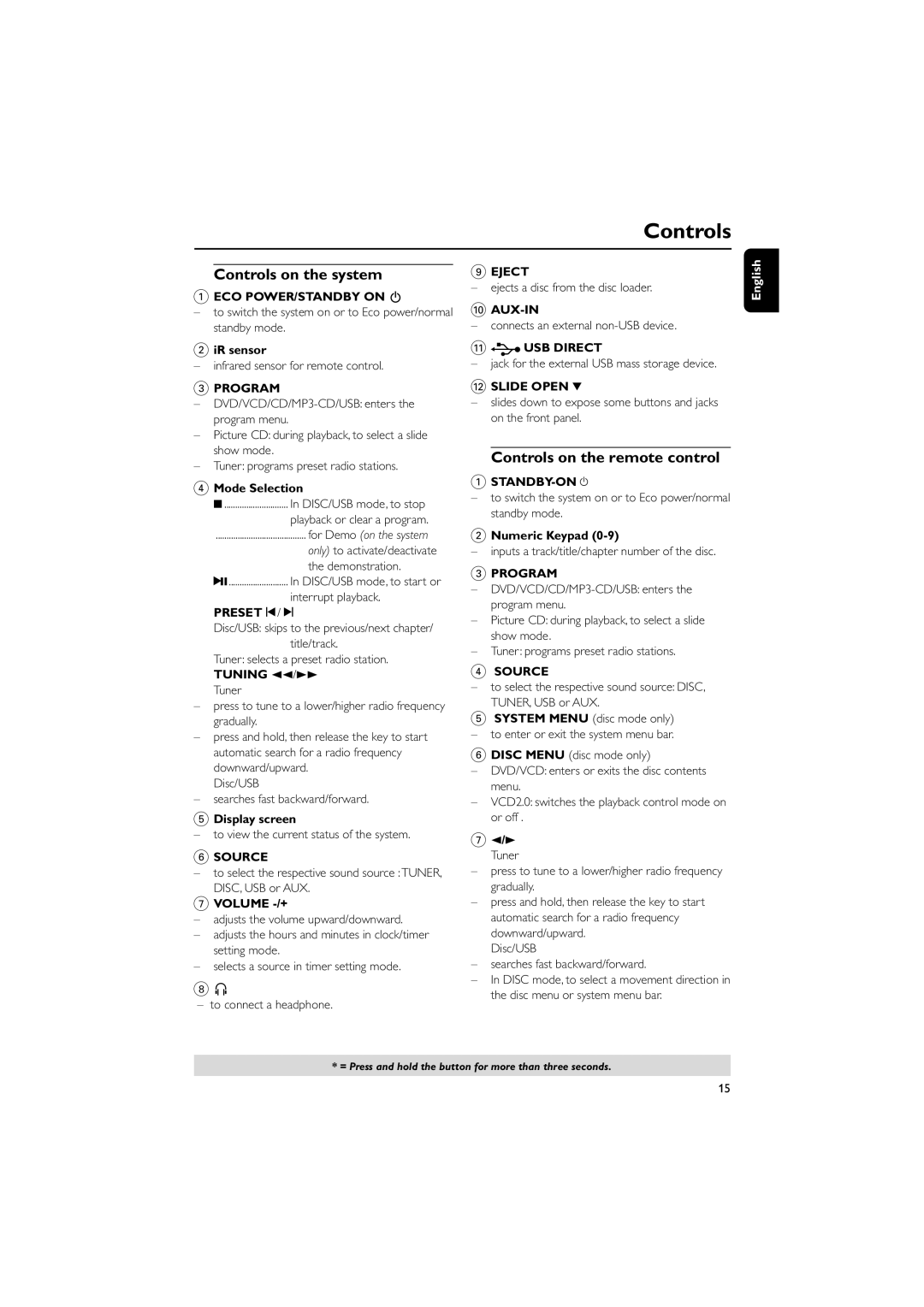 Philips MCD289 user manual Controls on the system, Controls on the remote control 