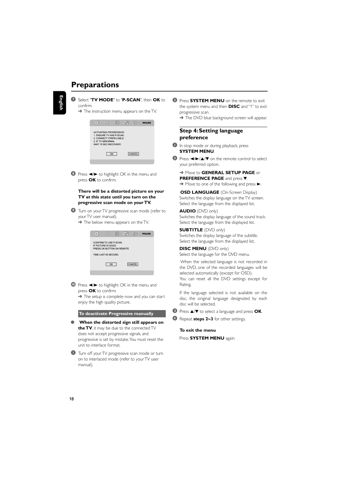 Philips MCD289 user manual Preparations, Setting language preference, To deactivate Progressive manually, System Menu 