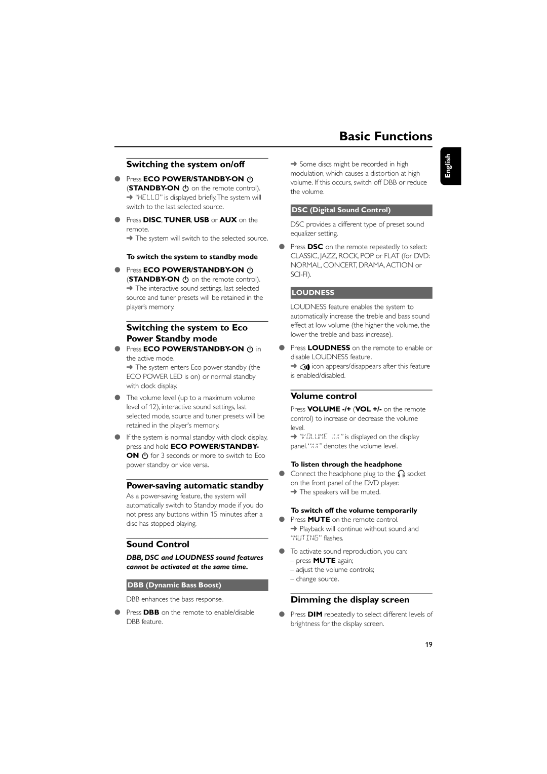 Philips MCD289 user manual Basic Functions 