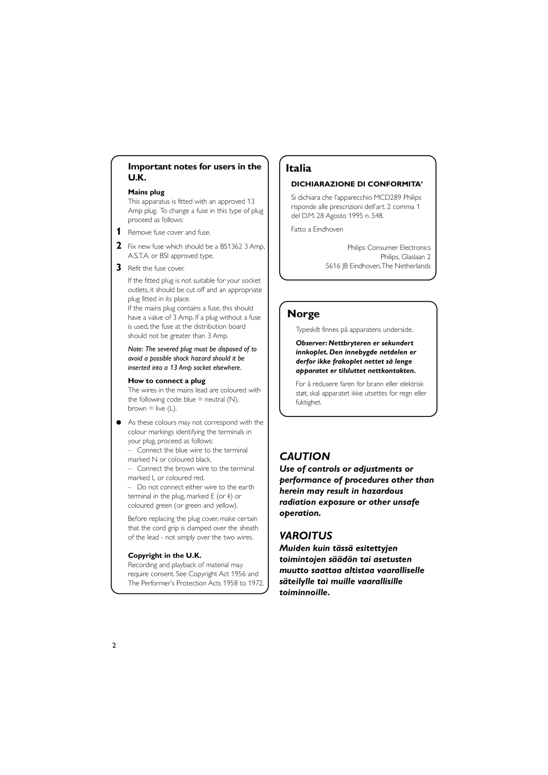 Philips MCD289 user manual Important notes for users in the U.K, Mains plug, How to connect a plug, Copyright in the U.K 