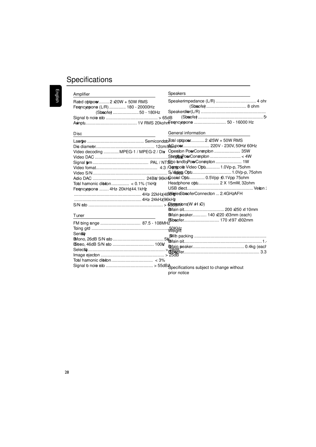 Philips MCD289 user manual Specifications, Amplifier, Disc, Tuner, Speakers 