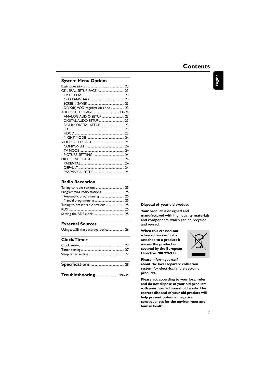 Philips MCD289 user manual System Menu Options, Radio Reception, External Sources, Clock/Timer 