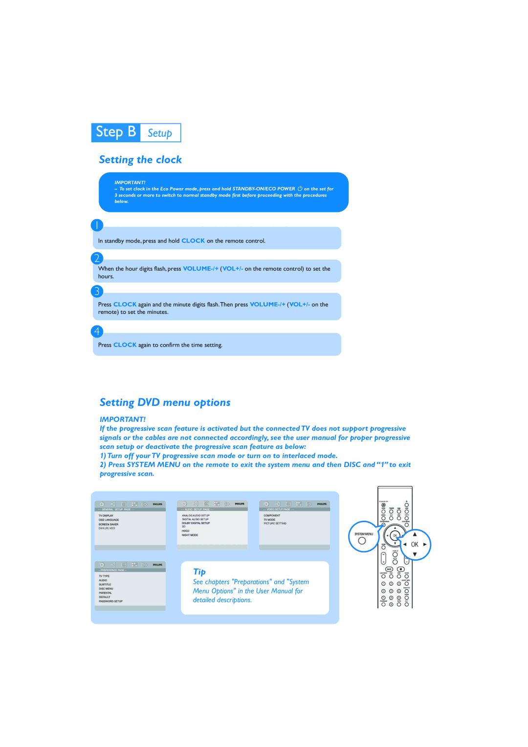 Philips MCD289/05 quick start Setting the clock, Setting DVD menu options 