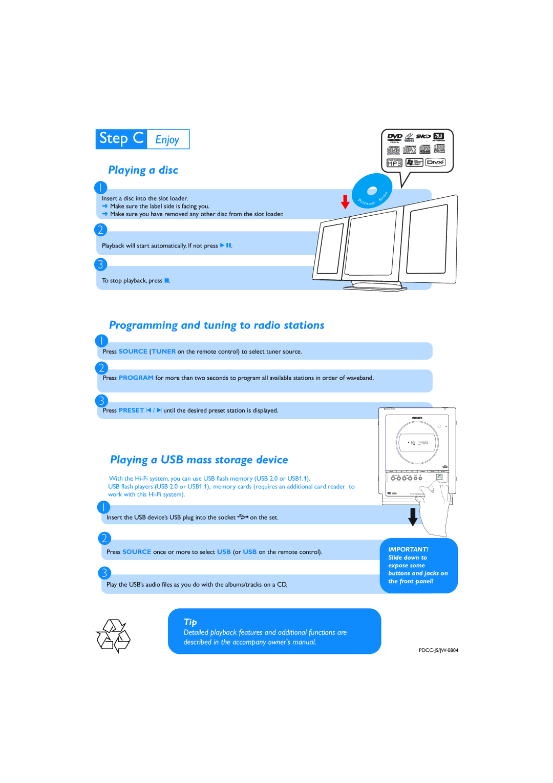 Philips MCD289/05 quick start Playing a disc, Programming and tuning to radio stations, Playing a USB mass storage device 