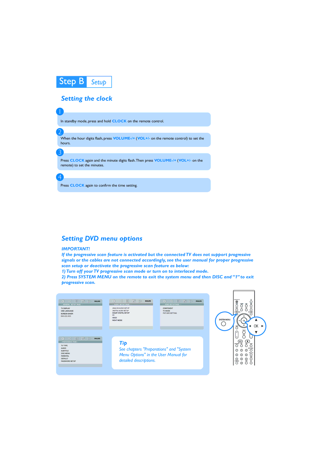 Philips PDCC-JS/JW-0807, MCD289/58 quick start Setting the clock, Setting DVD menu options 