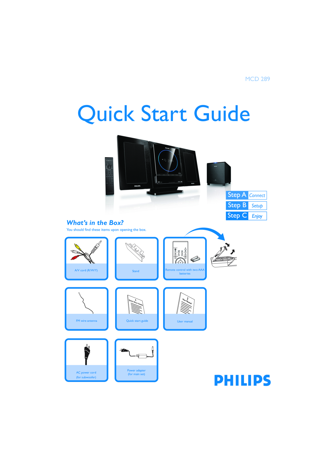 Philips PDCC-JS/JW-0807 quick start What’s in the Box?, Quick Start Guide, A/V cord R/W/Y, Stand, batteries, User manual 