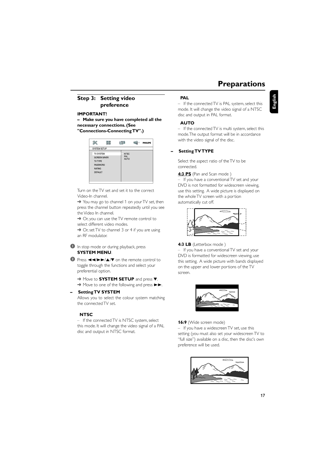 Philips MCD290 manual Setting video preference, System Menu, Ntsc, Pal, Auto 