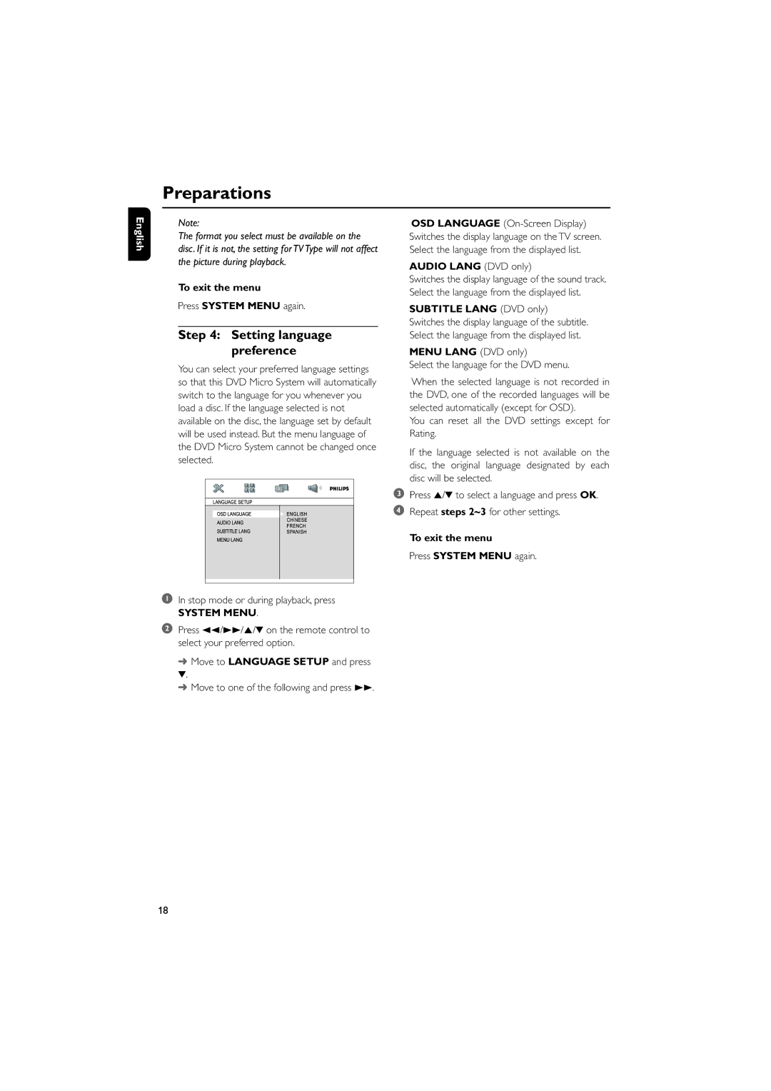 Philips MCD290 manual Setting language preference, To exit the menu, Audio Lang DVD only, Subtitle Lang DVD only 