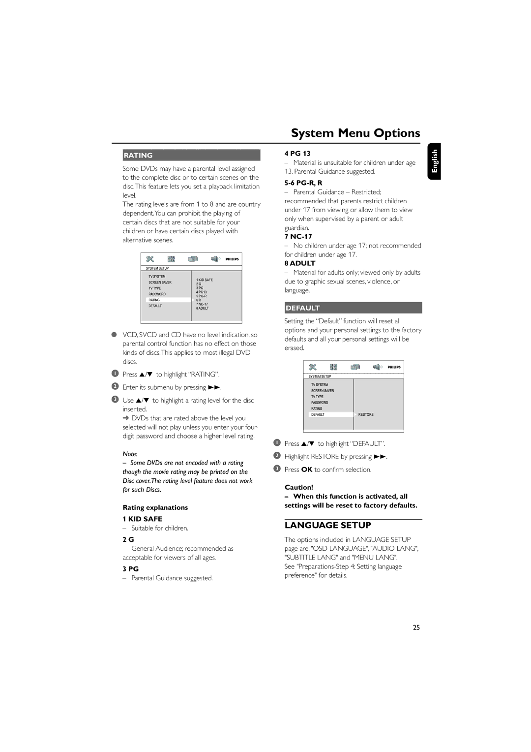 Philips MCD290 manual Rating explanations, KID Safe, Pg-R, R, NC-17, Adult 