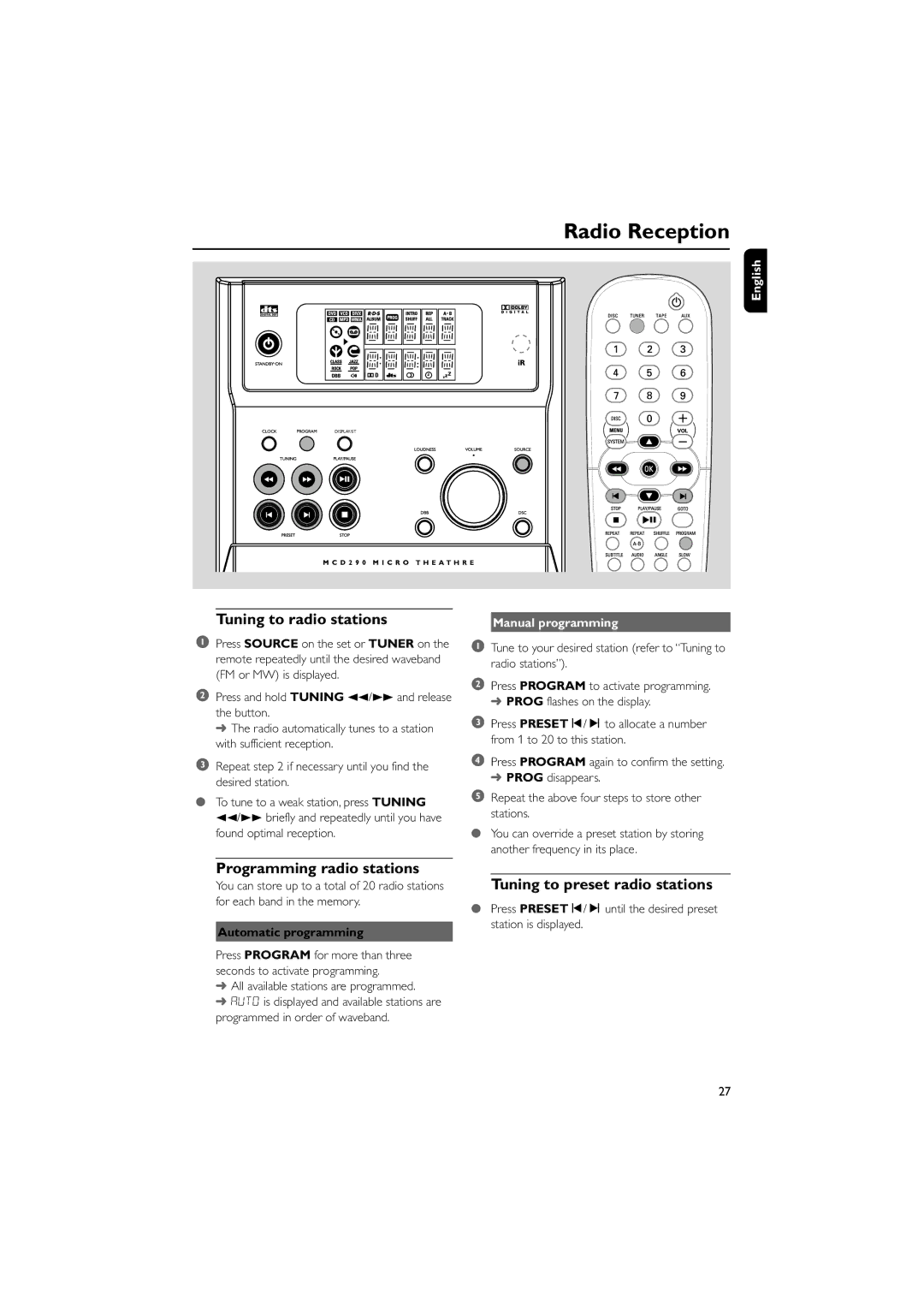 Philips MCD290 Radio Reception, Tuning to radio stations, Programming radio stations, Tuning to preset radio stations 