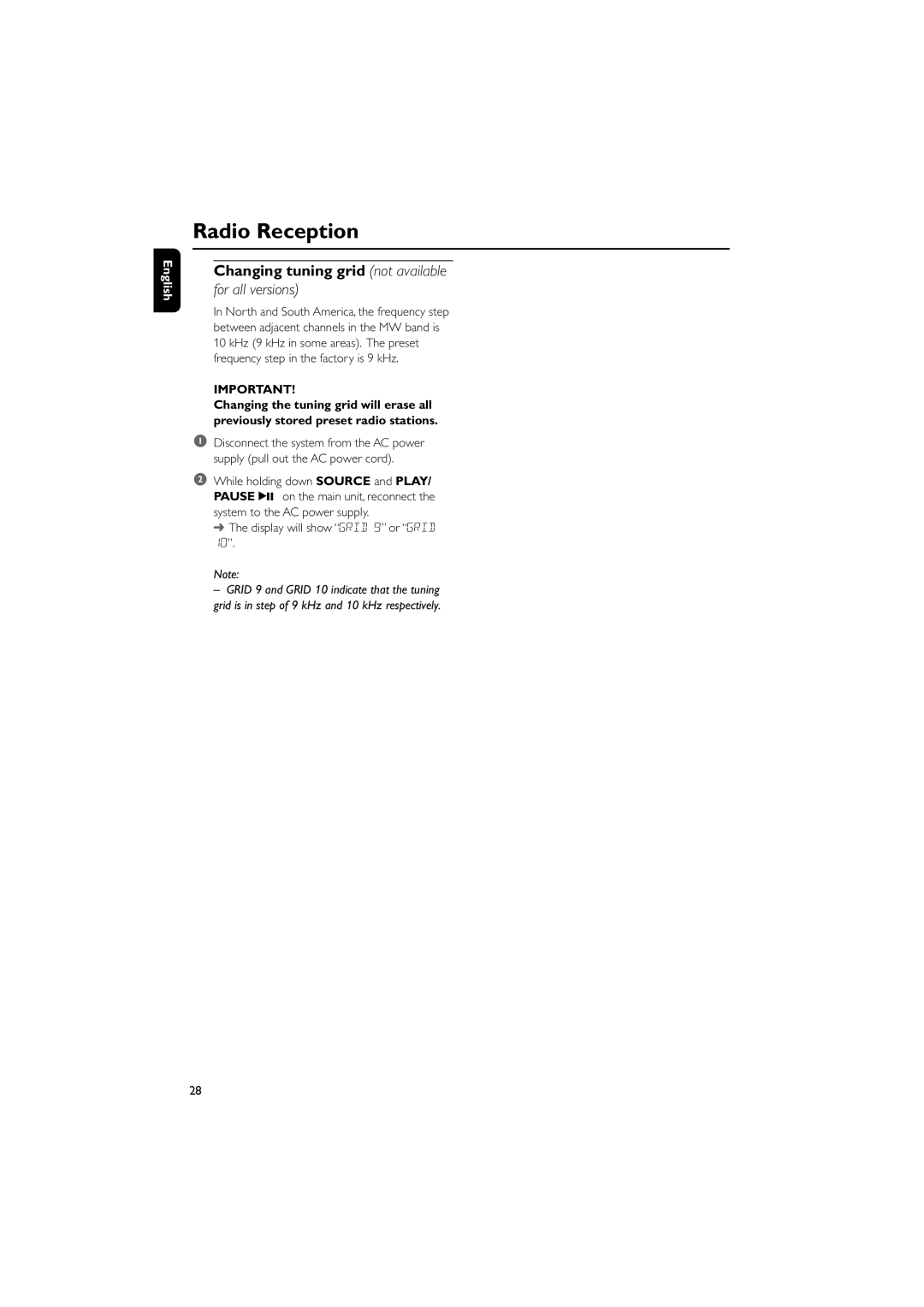 Philips MCD290 manual Changing tuning grid not available, For all versions 