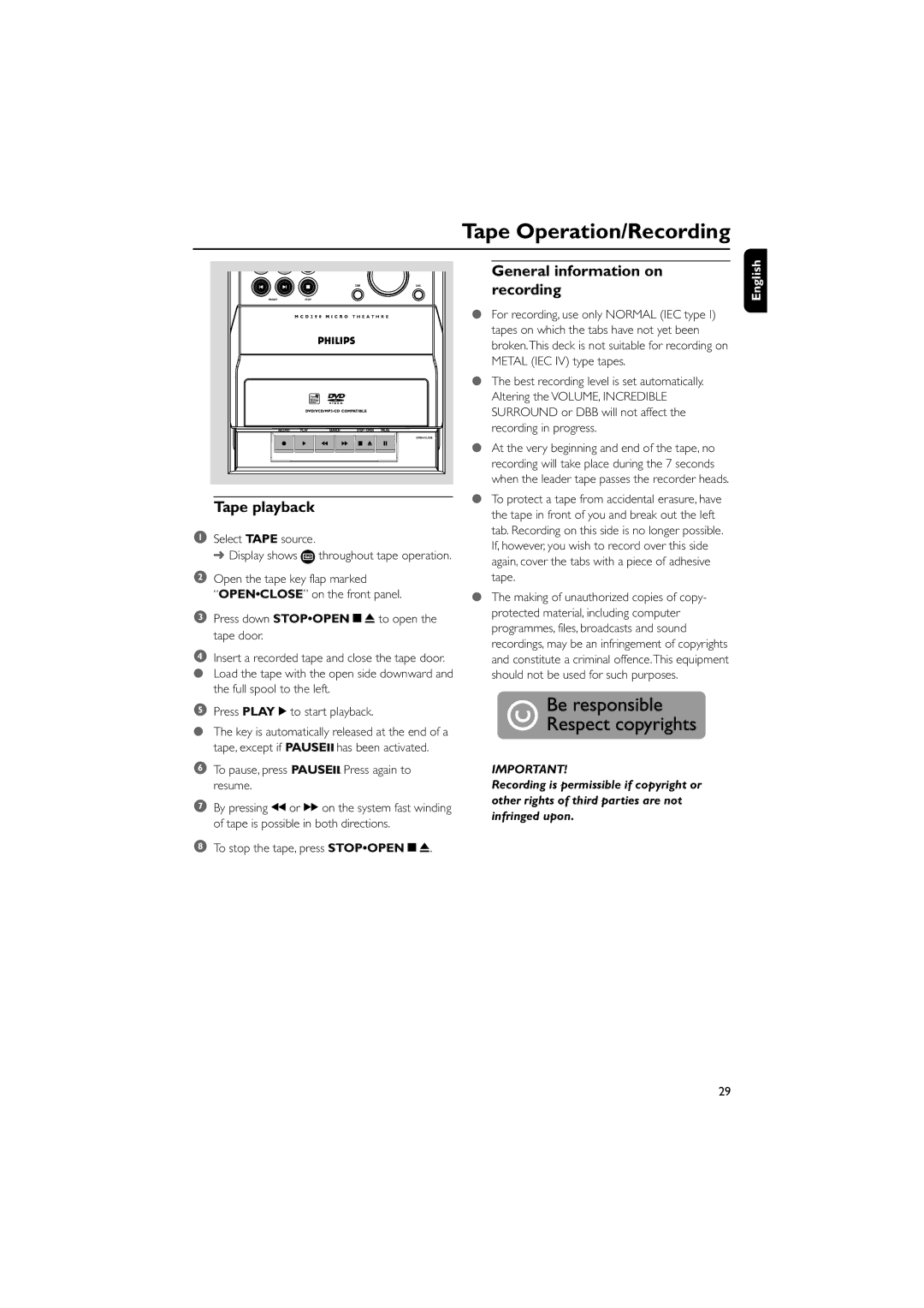 Philips MCD290 manual Tape Operation/Recording, Tape playback, General information on recording 