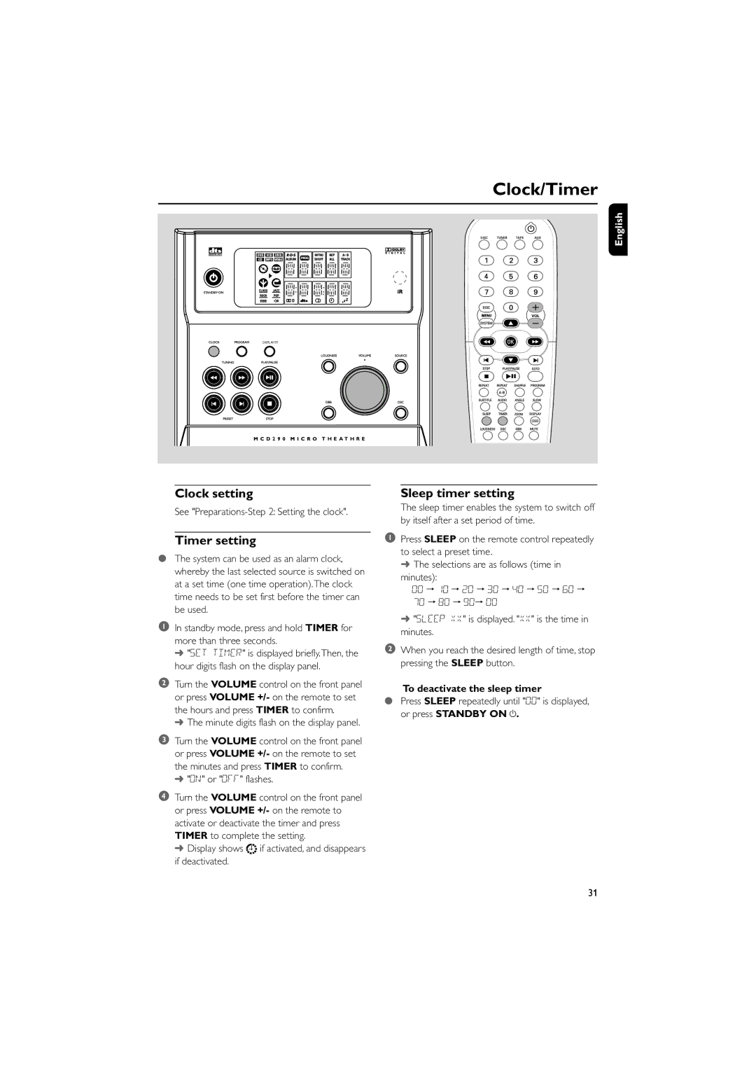 Philips MCD290 manual Clock/Timer, Clock setting, Timer setting, Sleep timer setting, To deactivate the sleep timer 