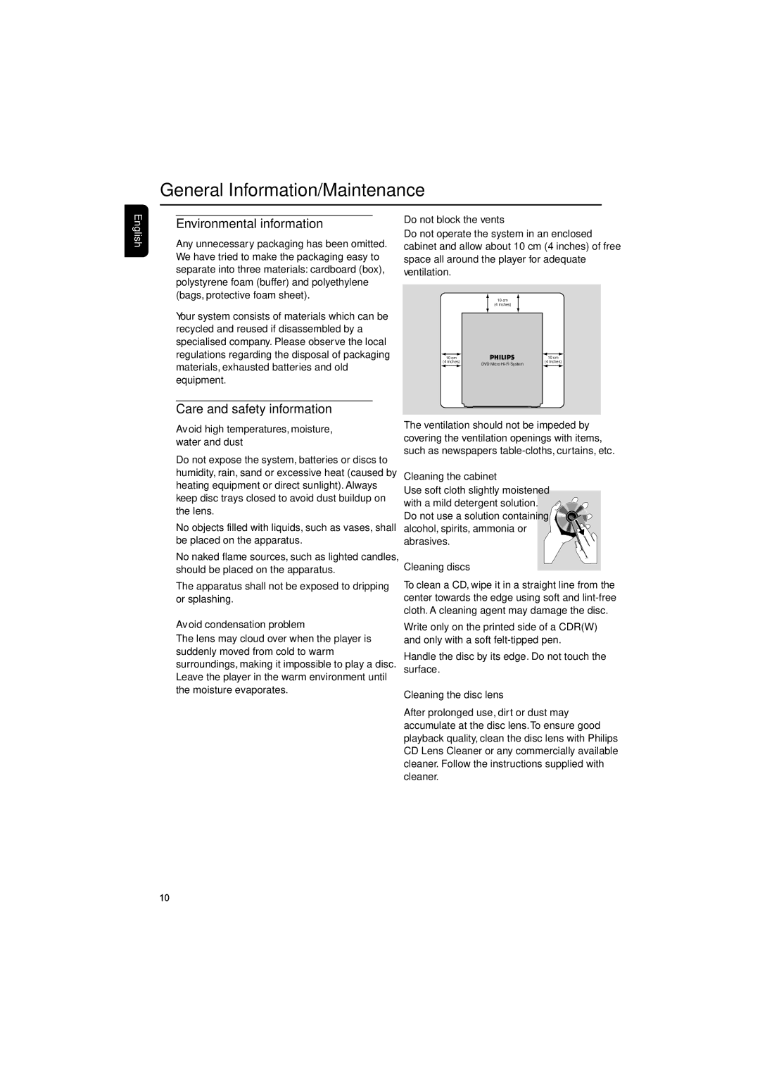 Philips MCD295/05 user manual General Information/Maintenance, Environmental information, Care and safety information 