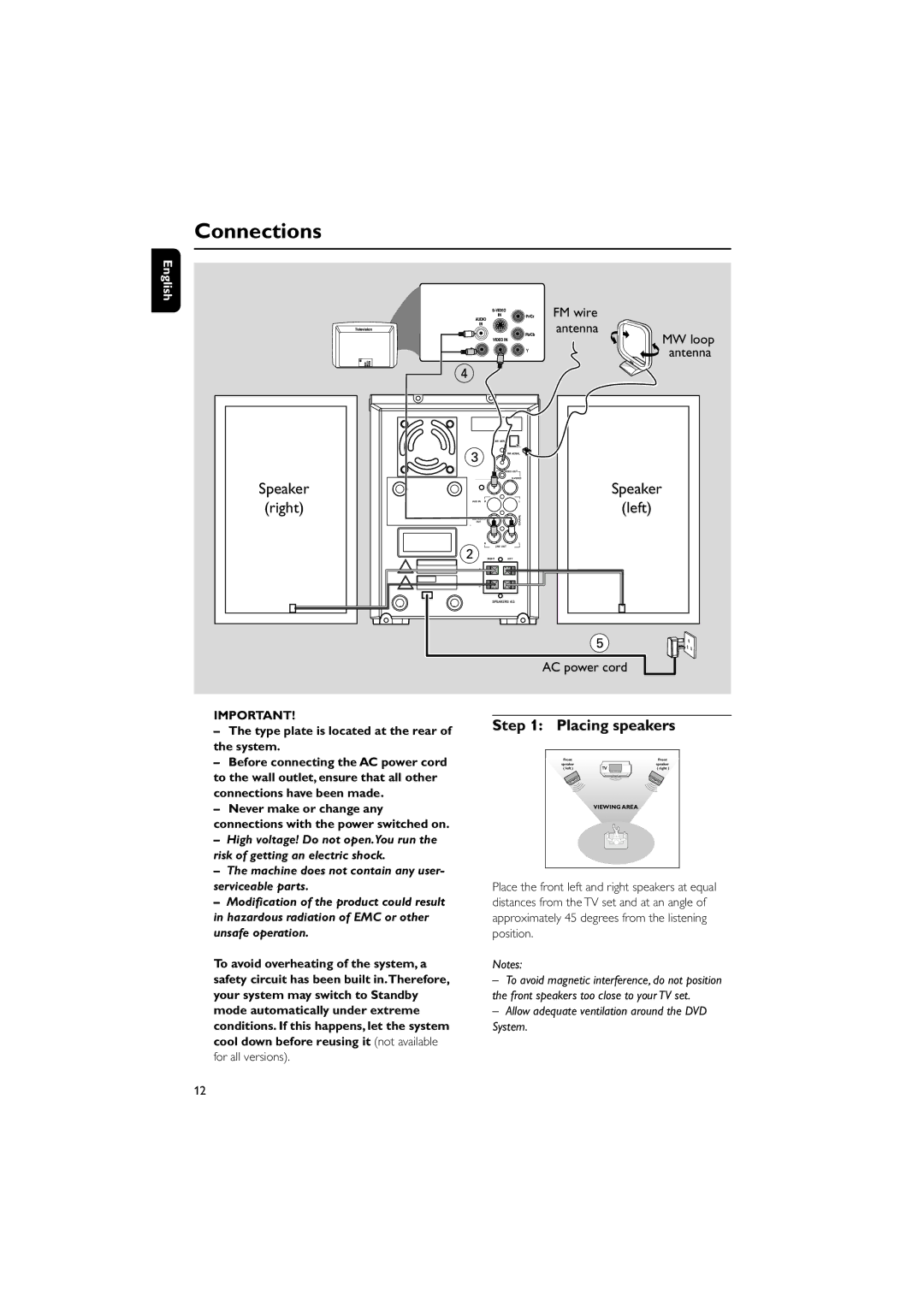 Philips MCD295/05 user manual Connections, Placing speakers, Type plate is located at the rear of the system 