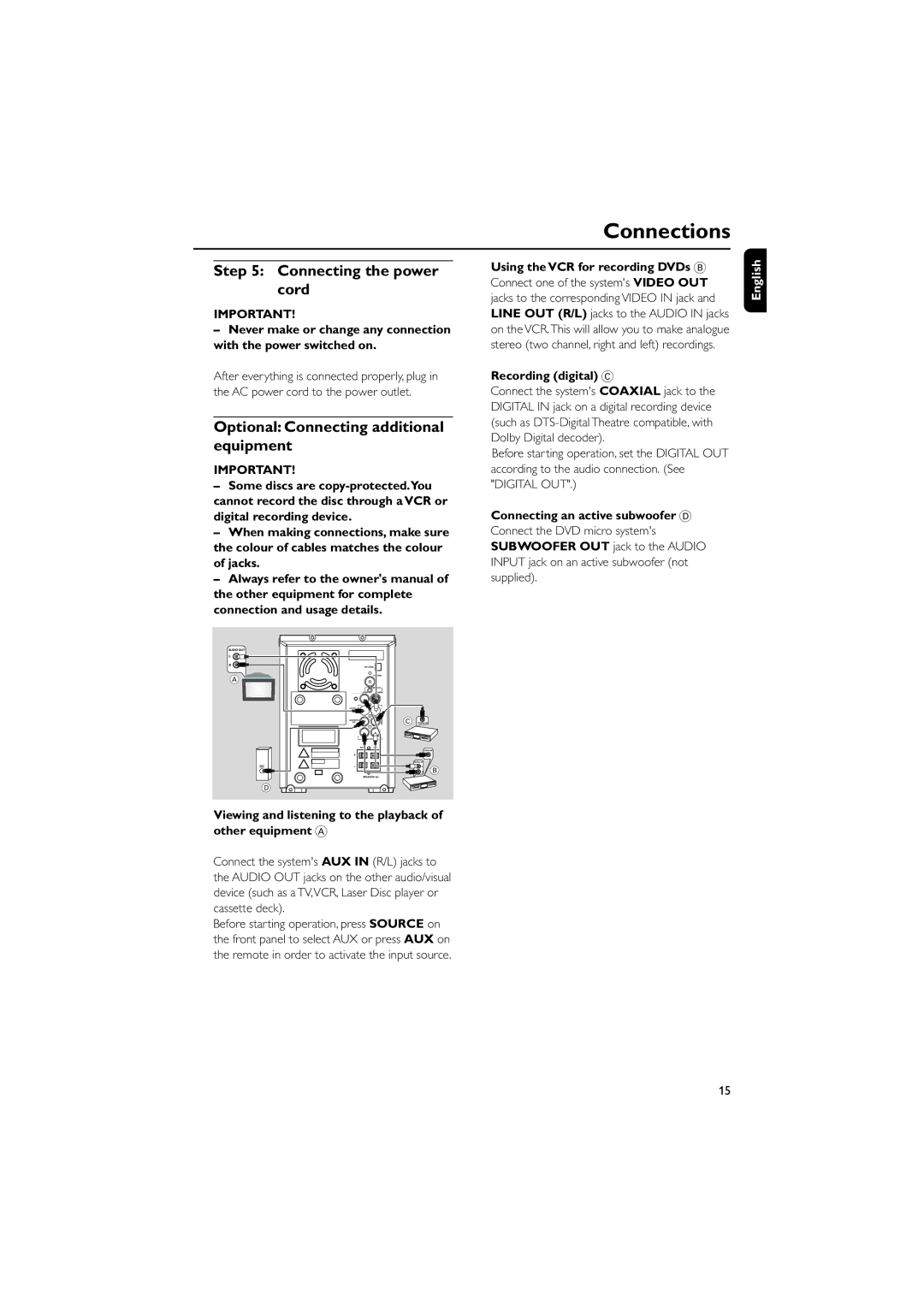 Philips MCD295/05 user manual Connecting the power cord, Optional Connecting additional equipment 