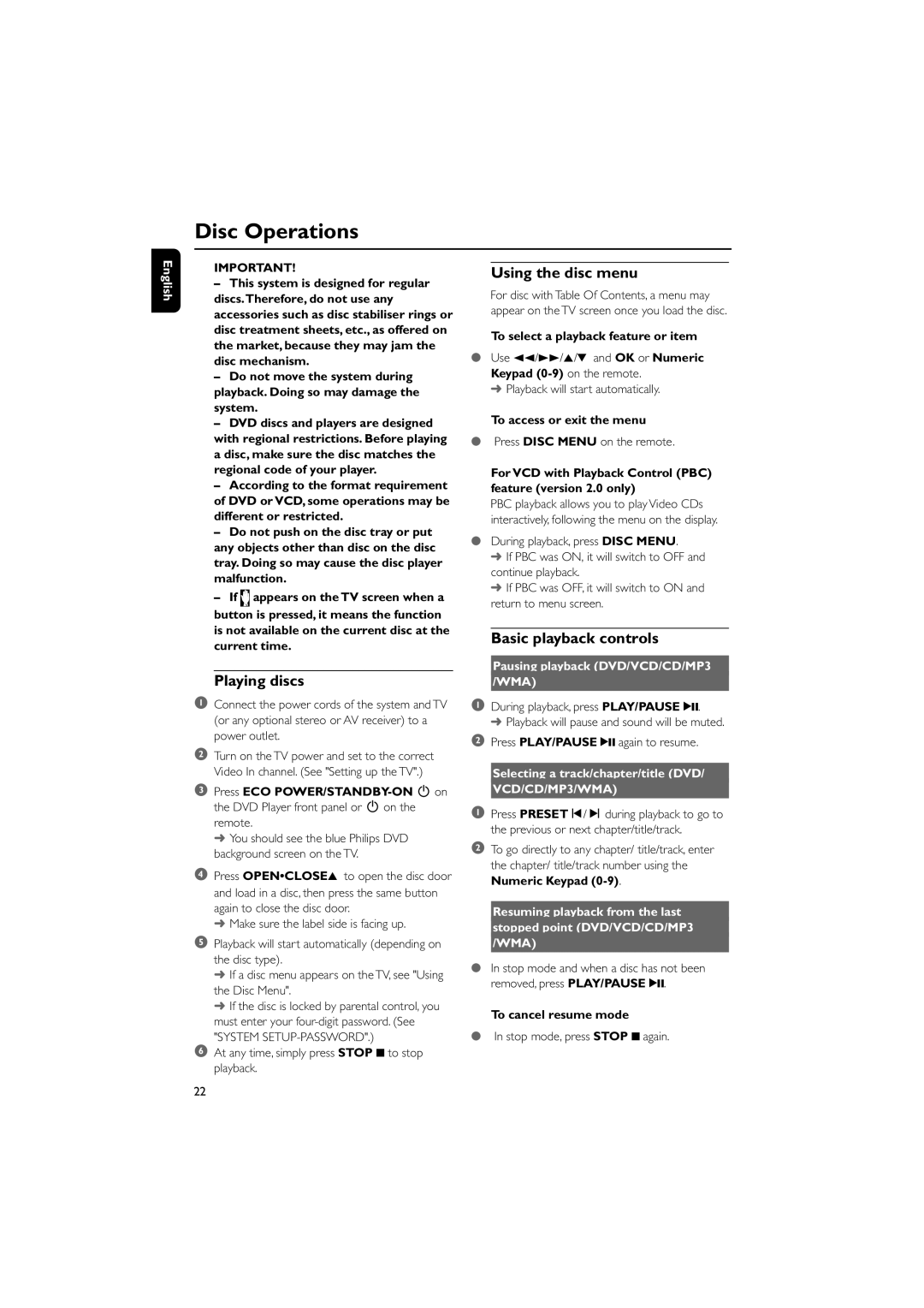 Philips MCD295/05 user manual Disc Operations, Playing discs, Using the disc menu, Basic playback controls 