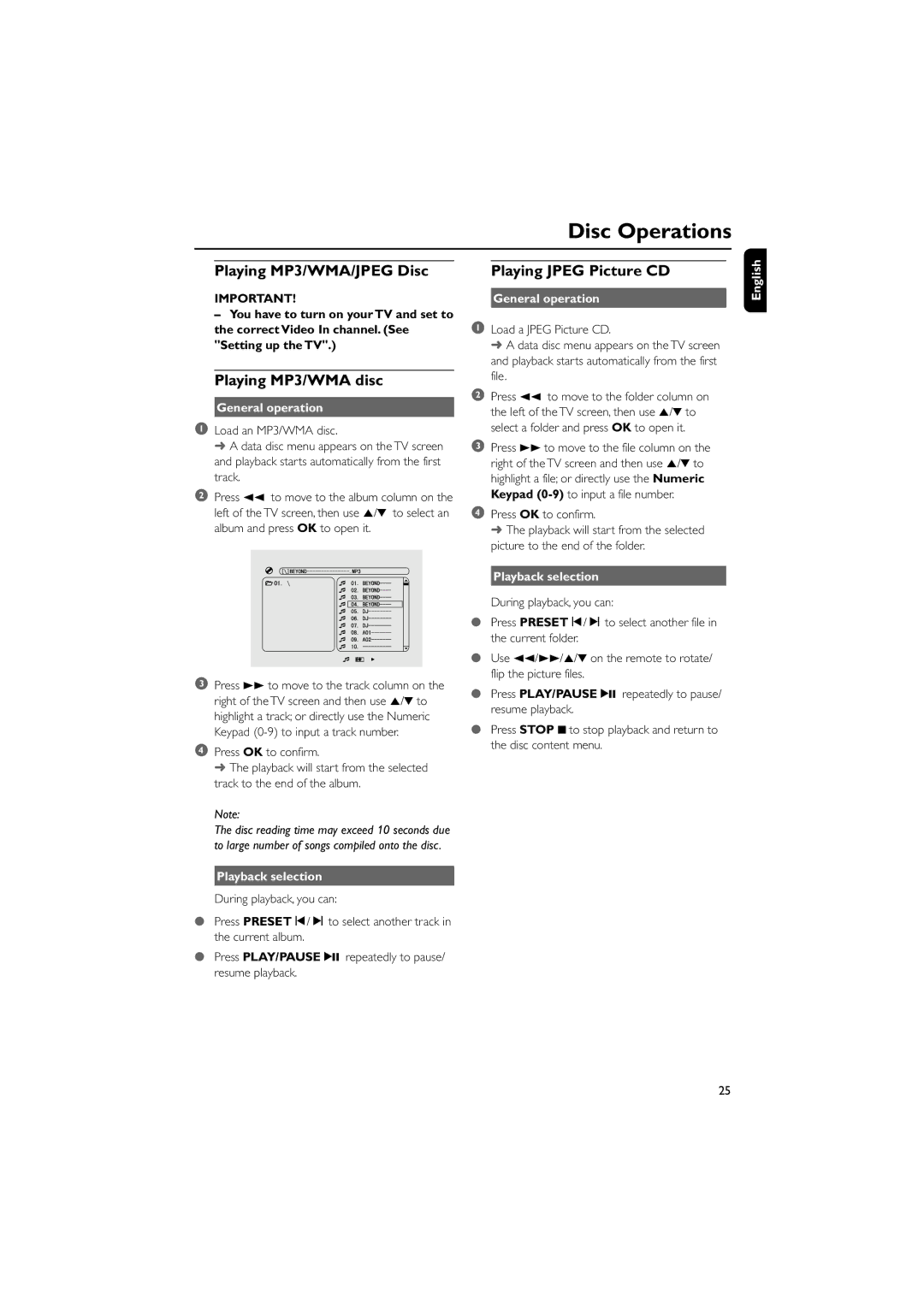 Philips MCD295/05 user manual Playing MP3/WMA/JPEG Disc, Playing MP3/WMA disc, General operation, Playback selection 