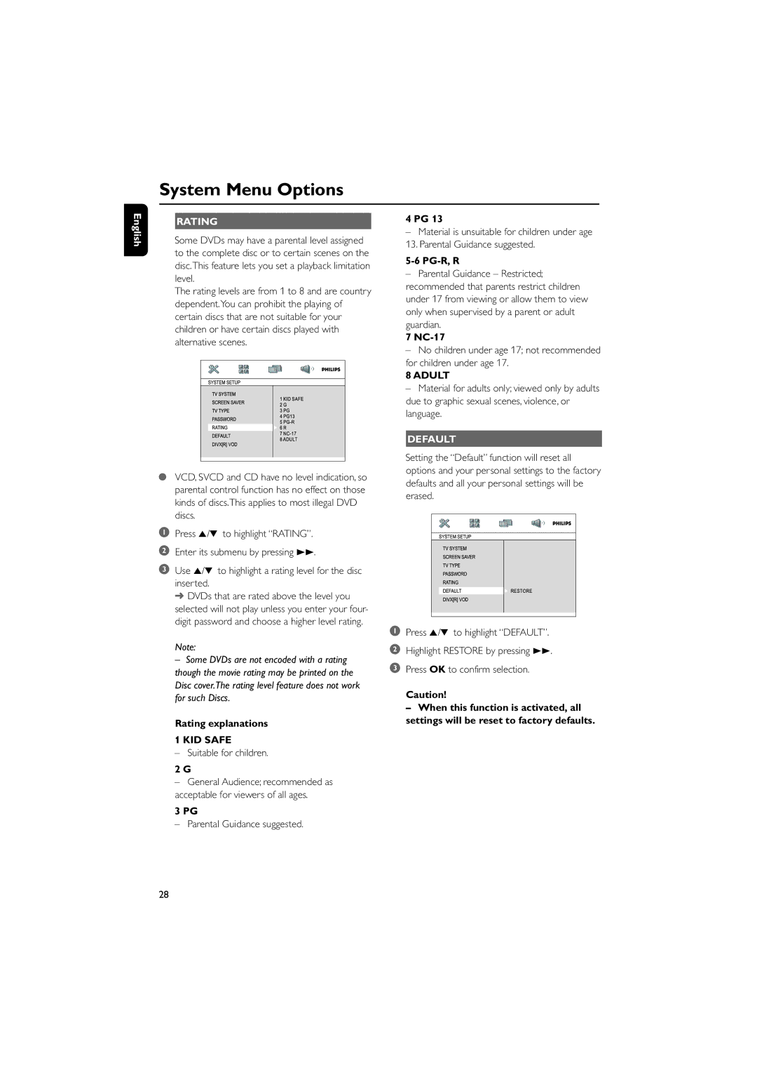 Philips MCD295/05 user manual Rating, KID Safe, Adult, Default 