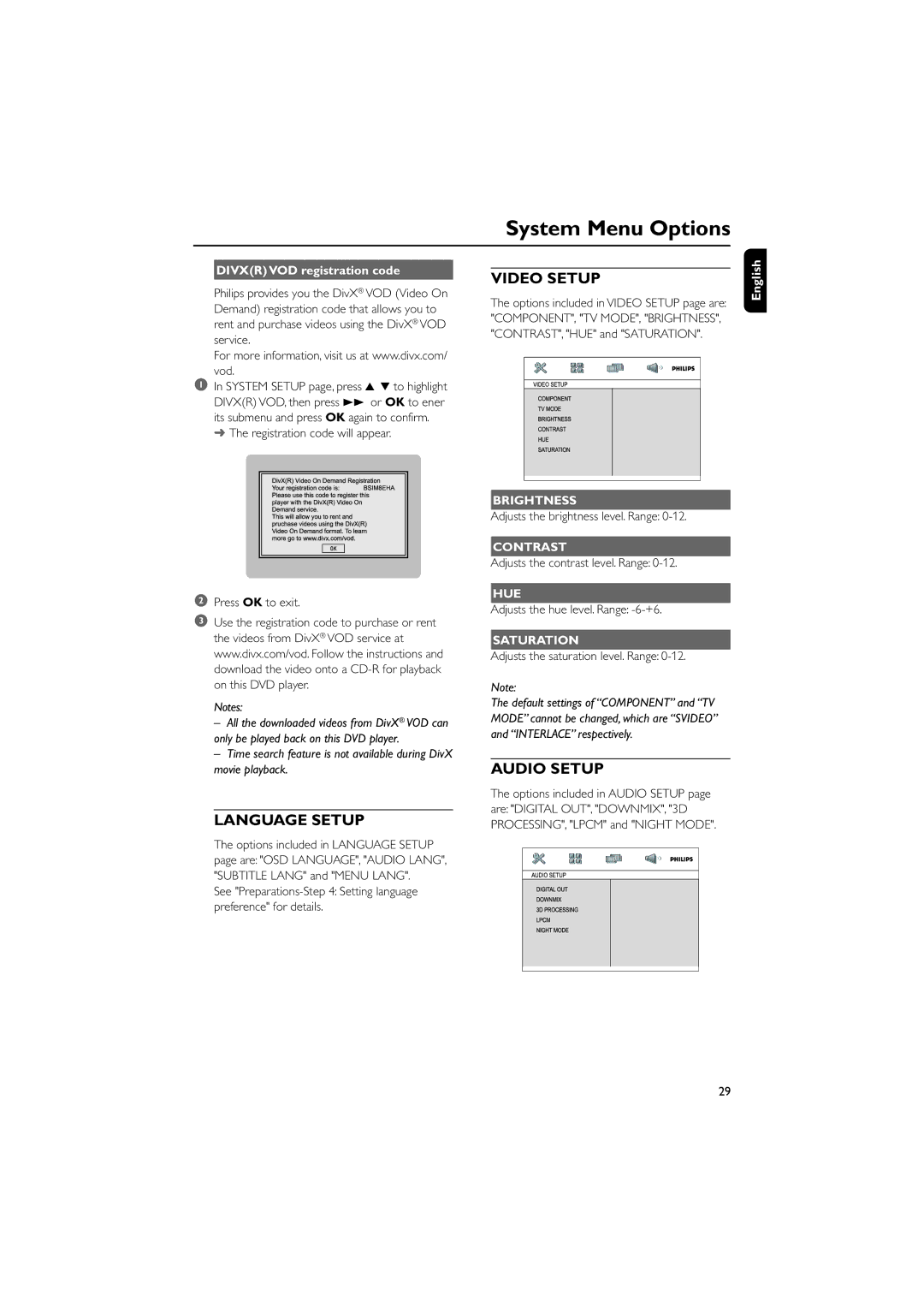 Philips MCD295/05 user manual Divxr VOD registration code, Brightness, Contrast, Hue, Saturation 