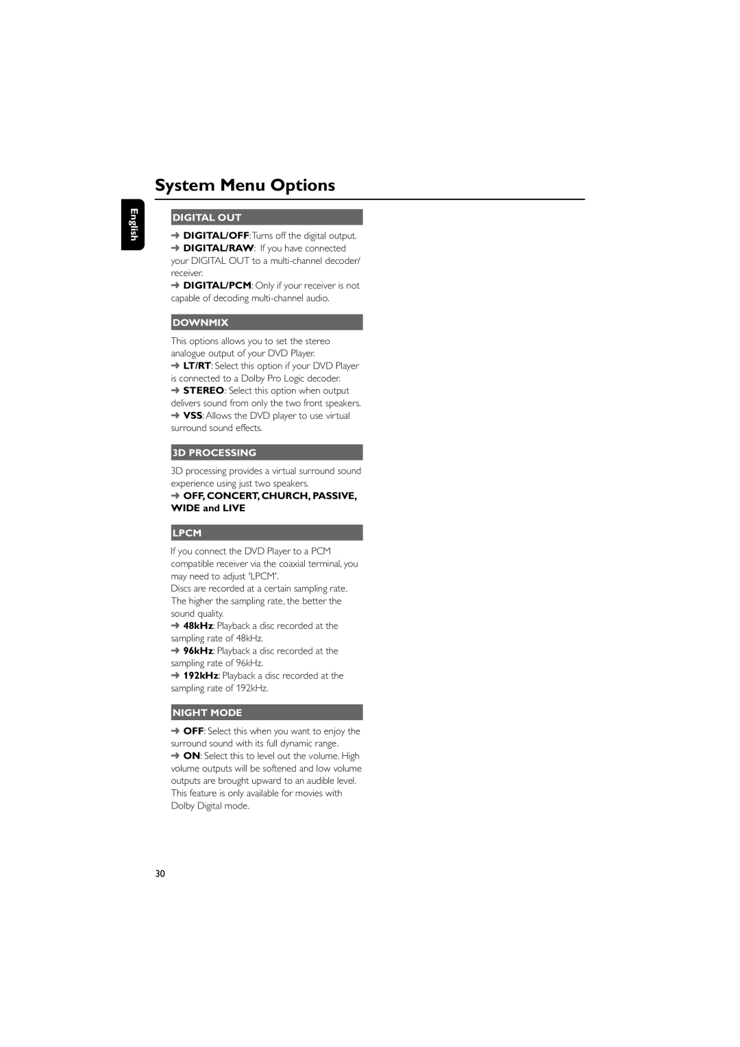 Philips MCD295/05 user manual Digital OUT, Downmix, 3D Processing, Lpcm, Night Mode 