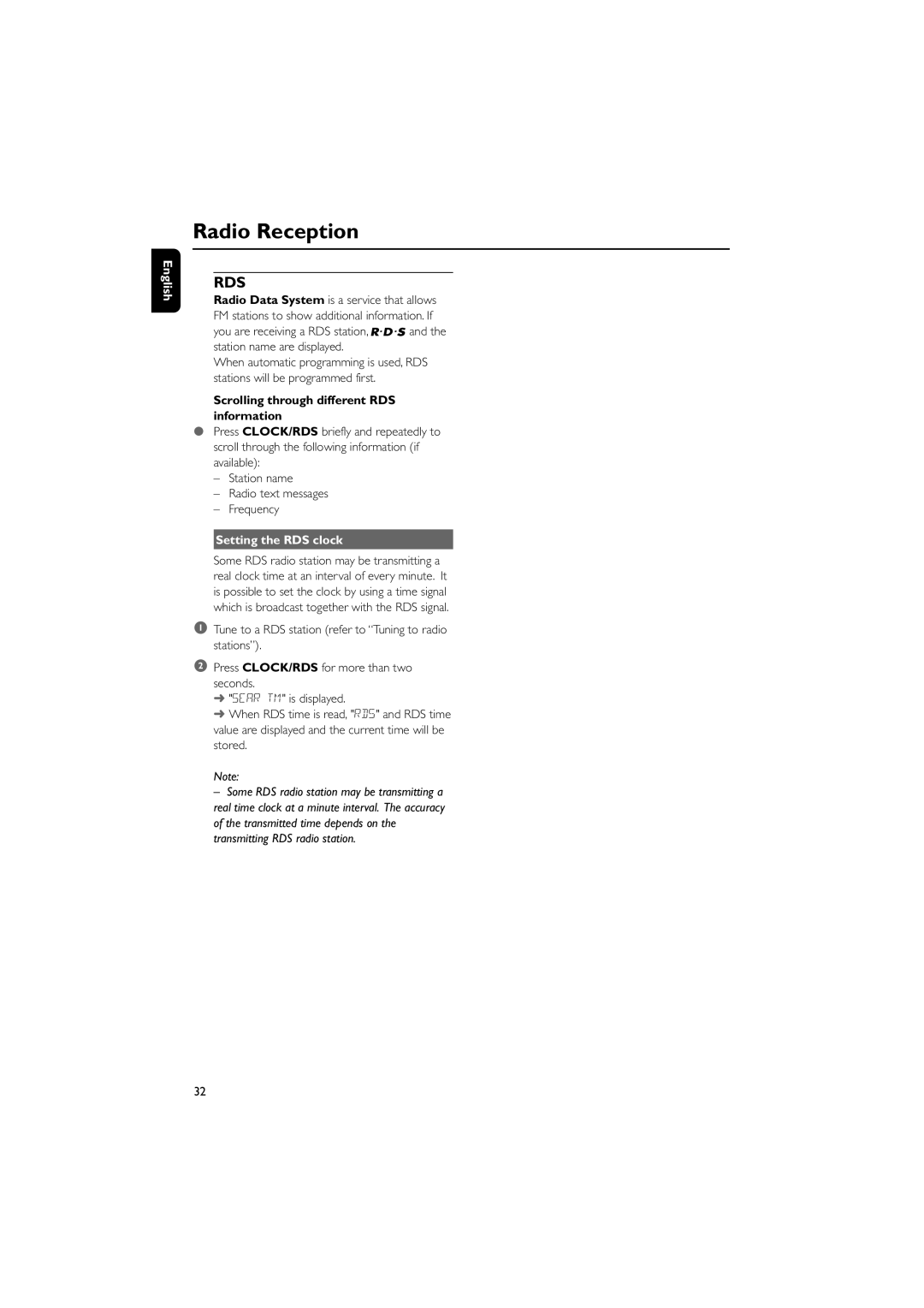 Philips MCD295/05 user manual Scrolling through different RDS information, Setting the RDS clock 