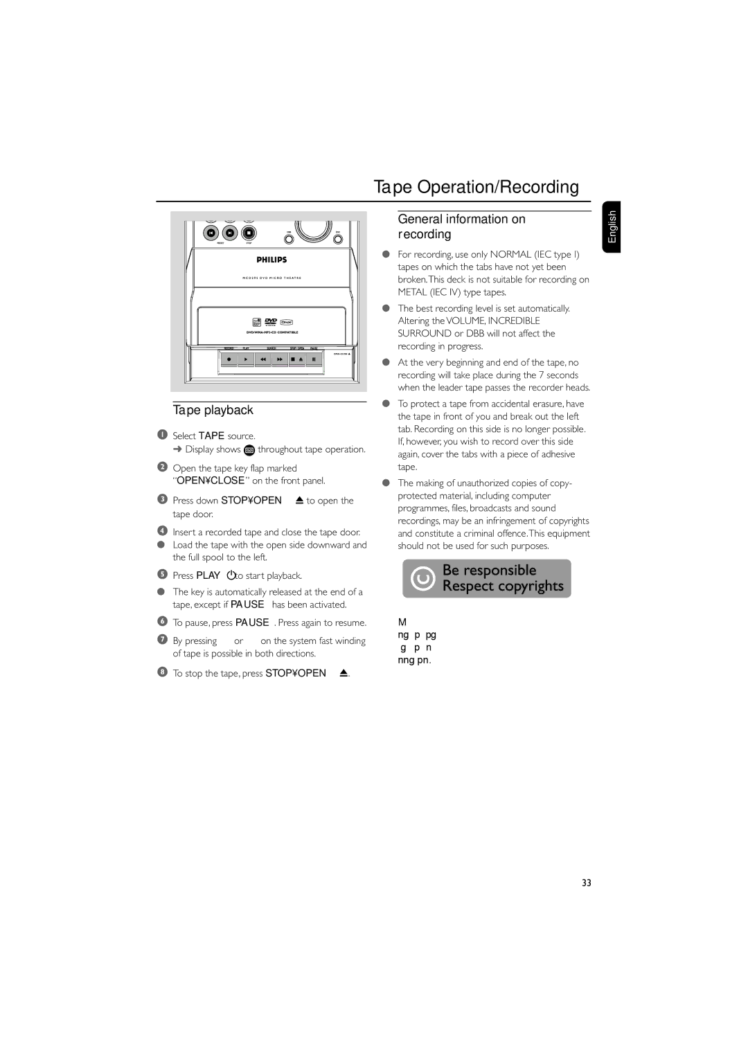 Philips MCD295/05 user manual Tape Operation/Recording, Tape playback, General information on recording 