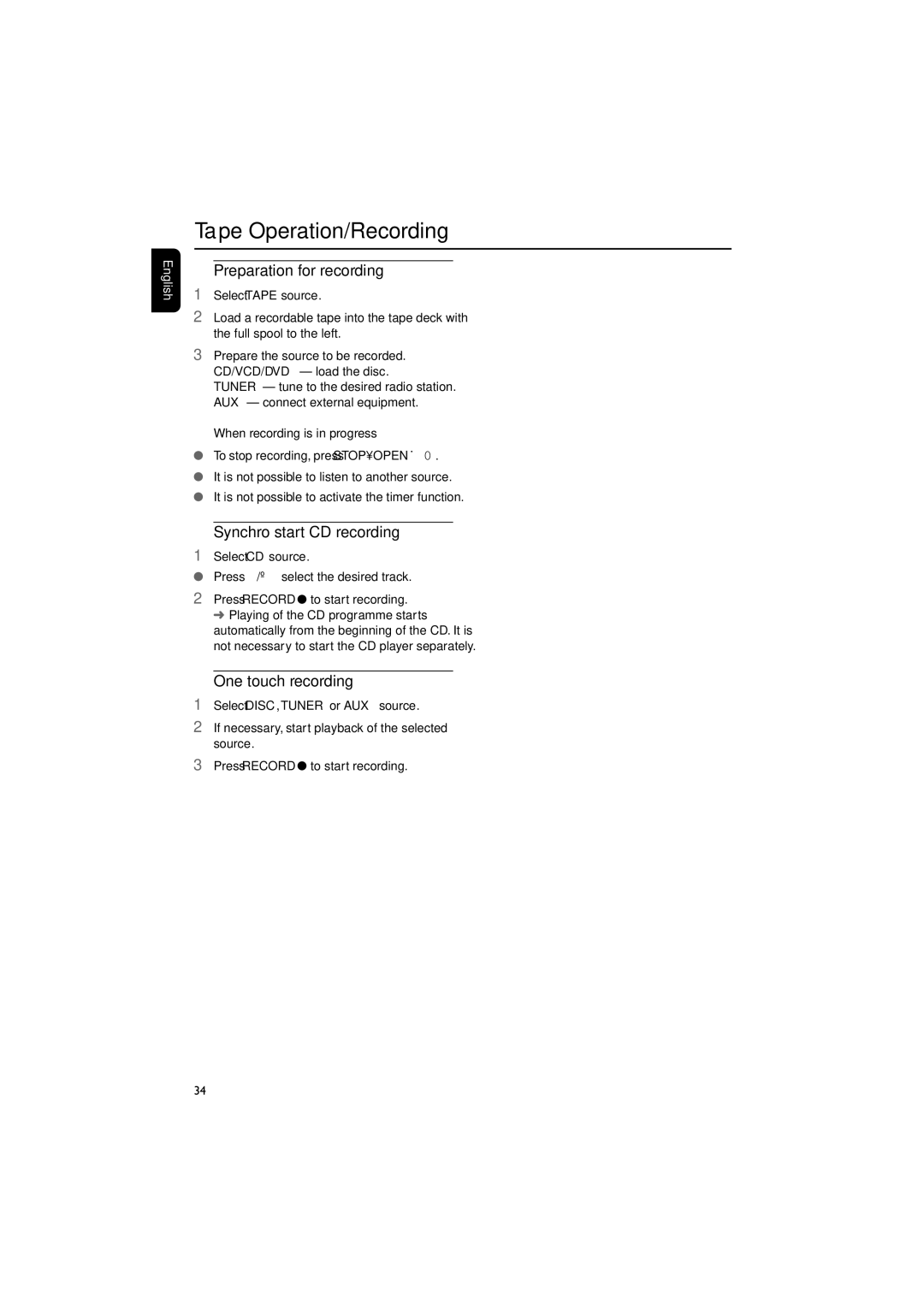 Philips MCD295/05 user manual Preparation for recording, Synchro start CD recording, One touch recording 